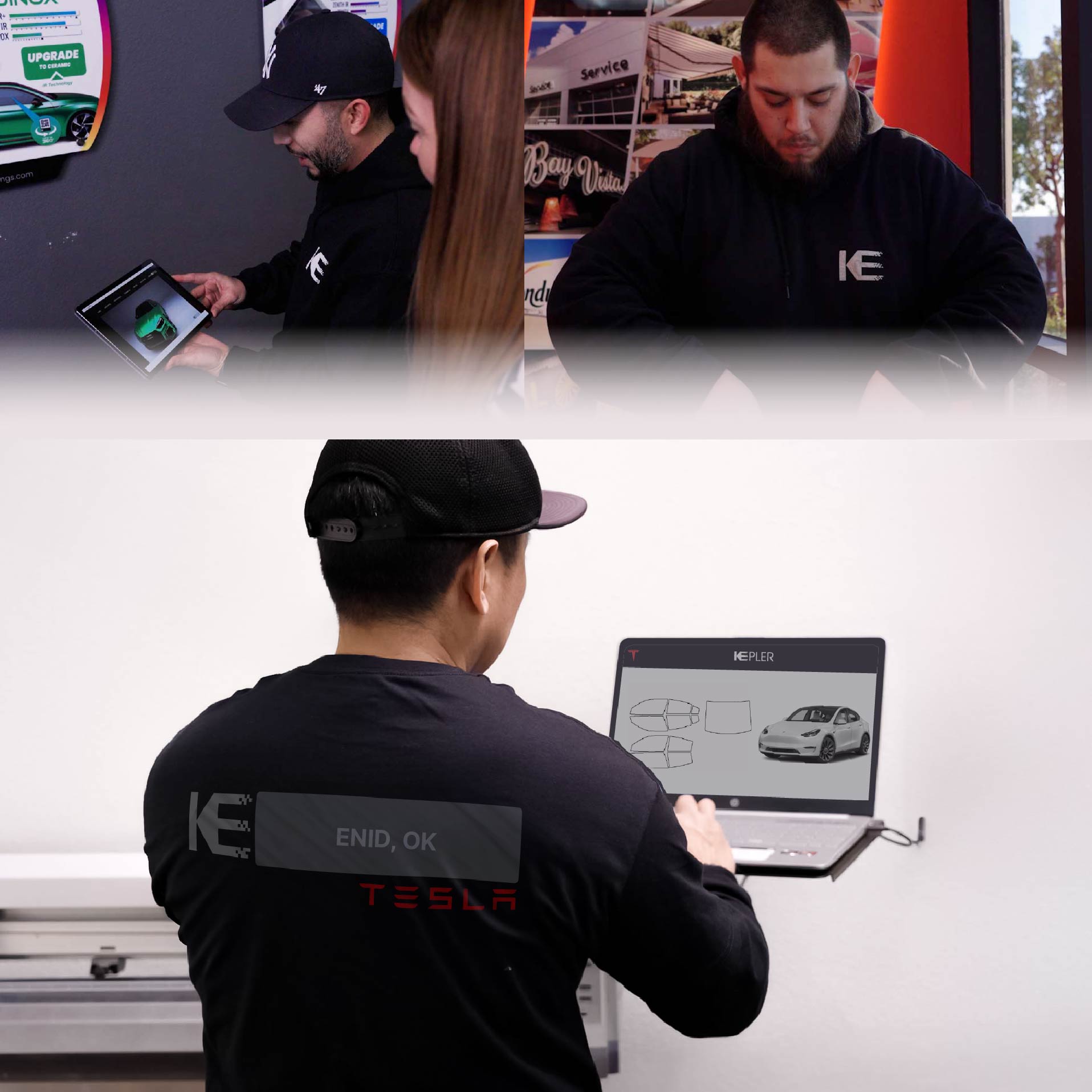 Kepler Technician Applying High-tech Window Tint to Tesla in Enid