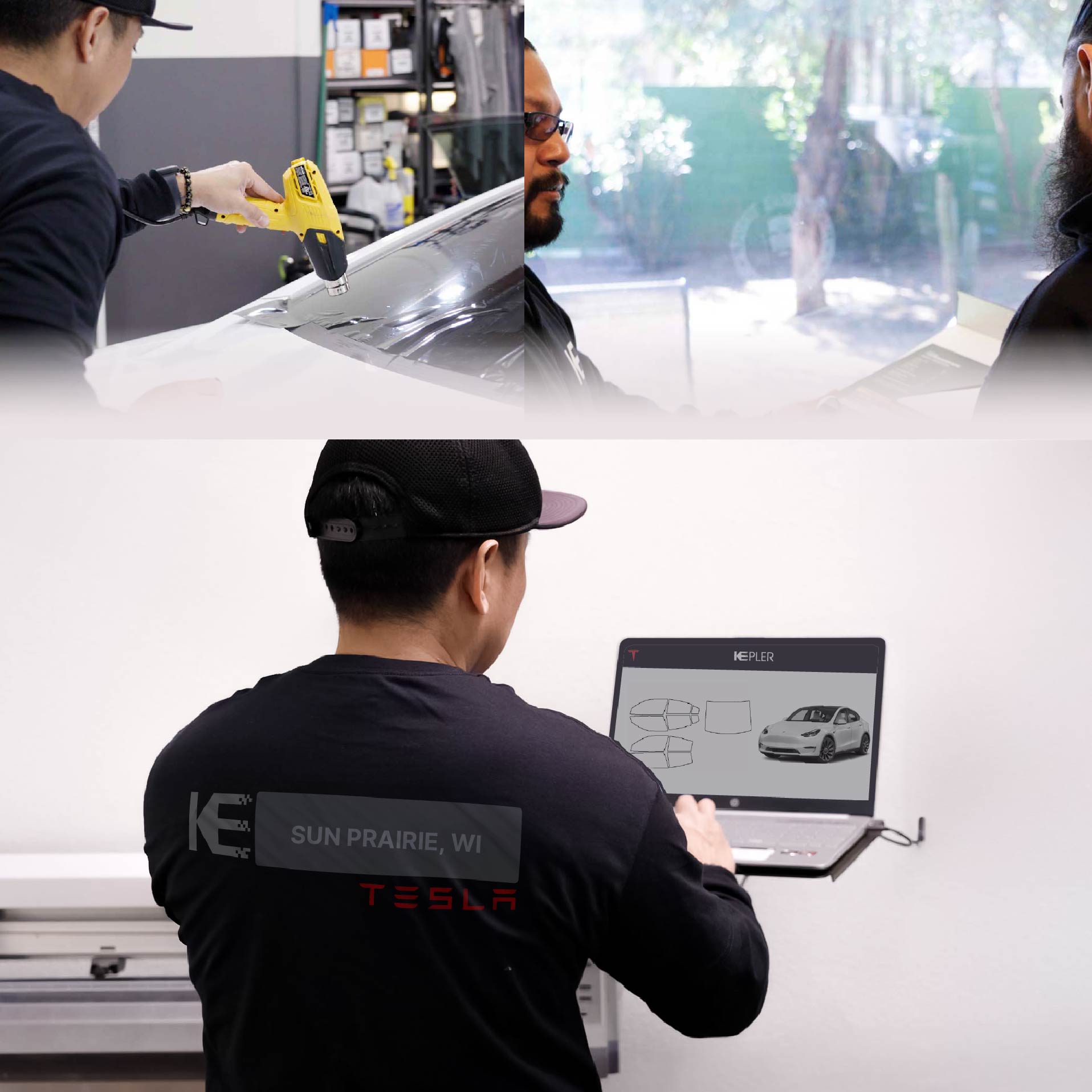 Kepler Technician Fitting Advanced Window Tint to Tesla in Sun Prairie