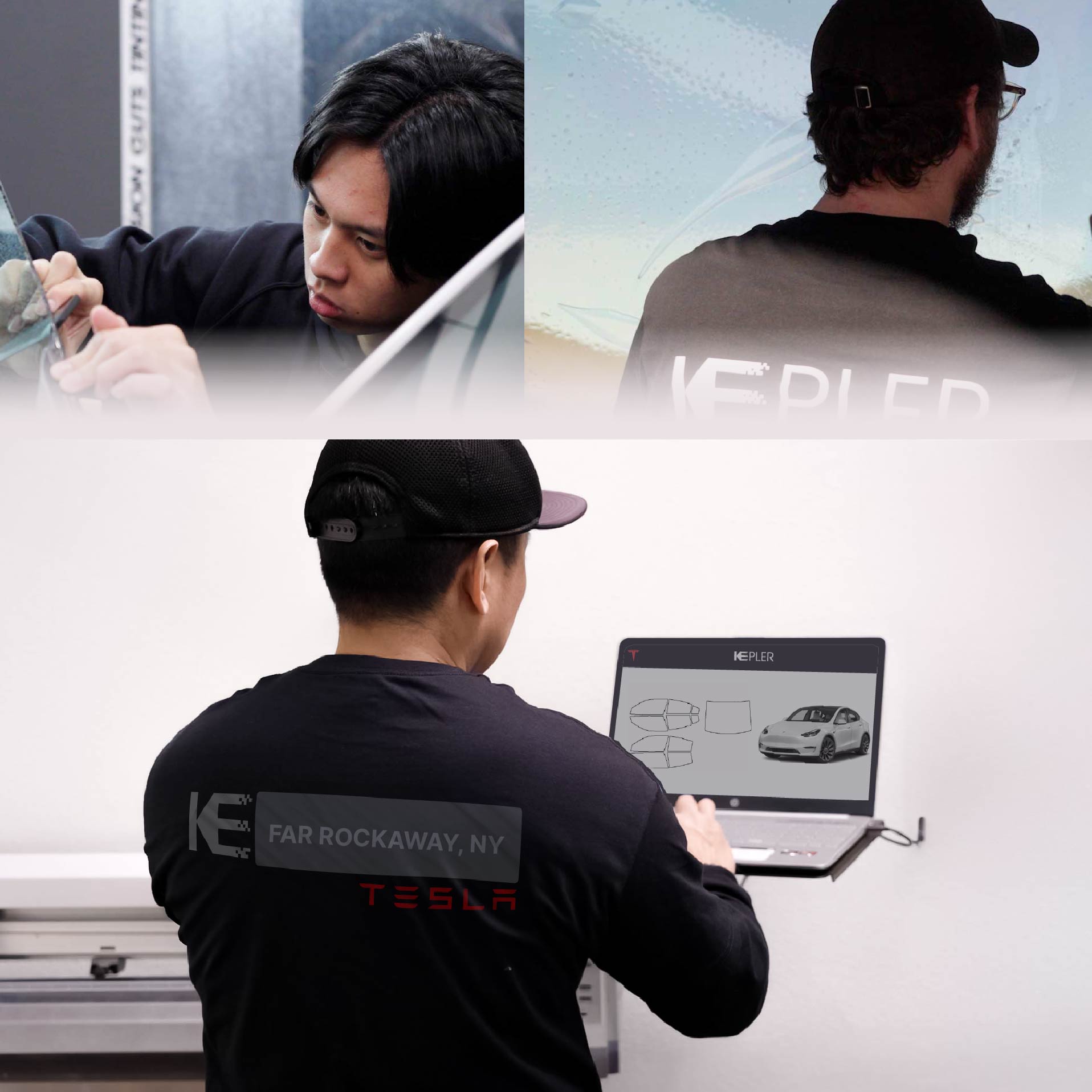 Expert Technician Installing Ceramic Window Tint to Tesla in Far Rockaway