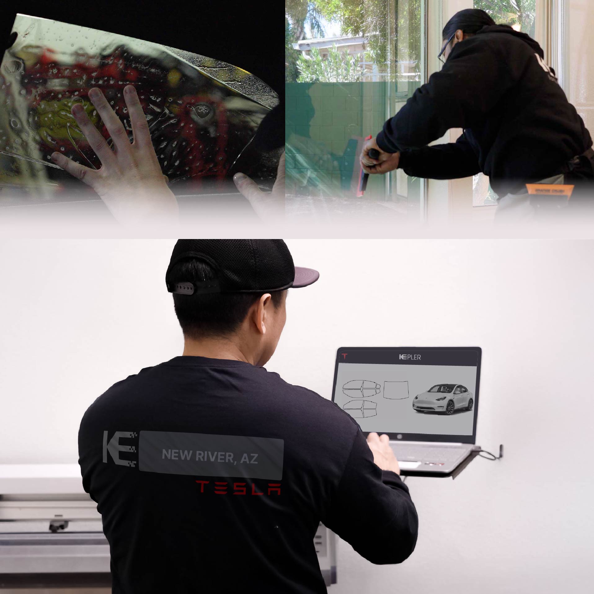 Kepler Technician Applying Ceramic Window Tint to Tesla in New River