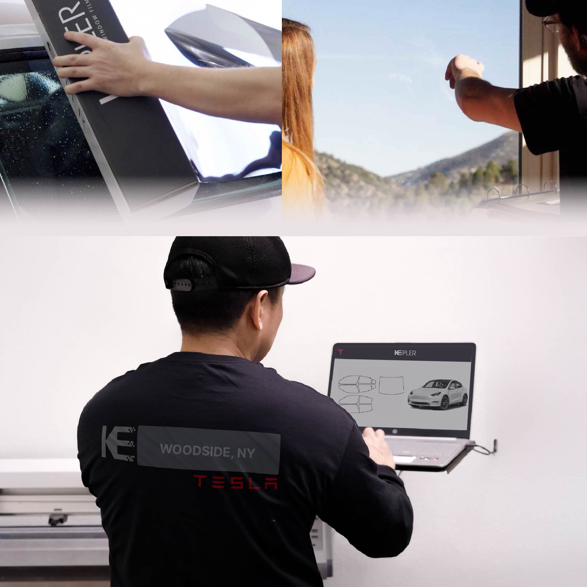 Expert Technician Fitting High-tech Window Tint to Tesla in Woodside