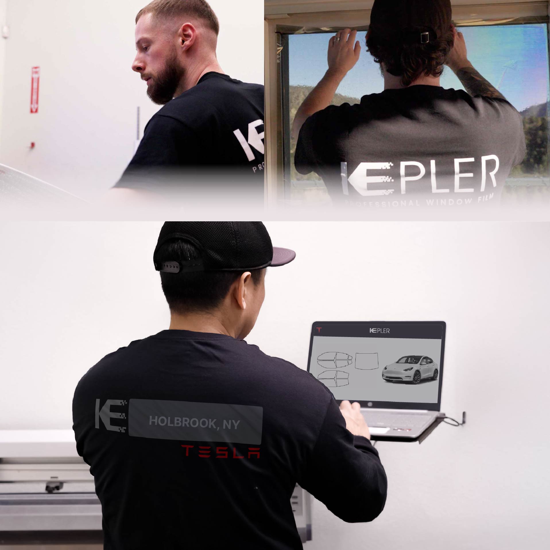 Expert Technician Fitting Advanced Window Tint to Tesla in Holbrook