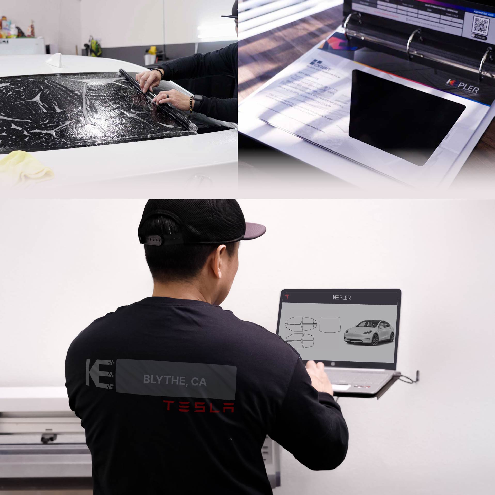Expert Technician Applying High-tech Window Tint to Tesla in Blythe