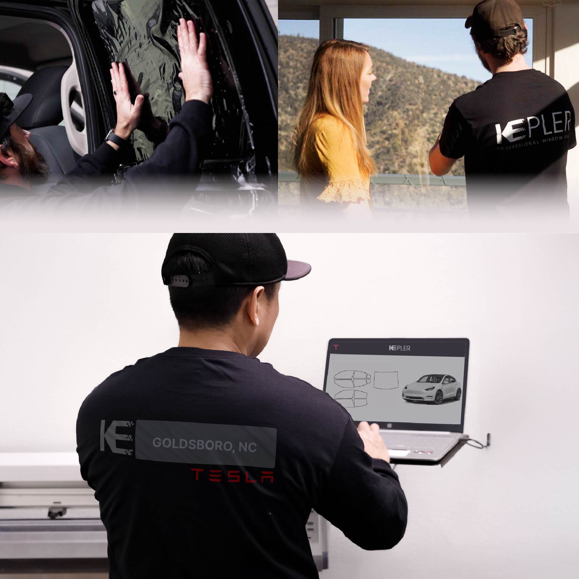 Expert Technician Installing Advanced Window Tint to Tesla in Goldsboro