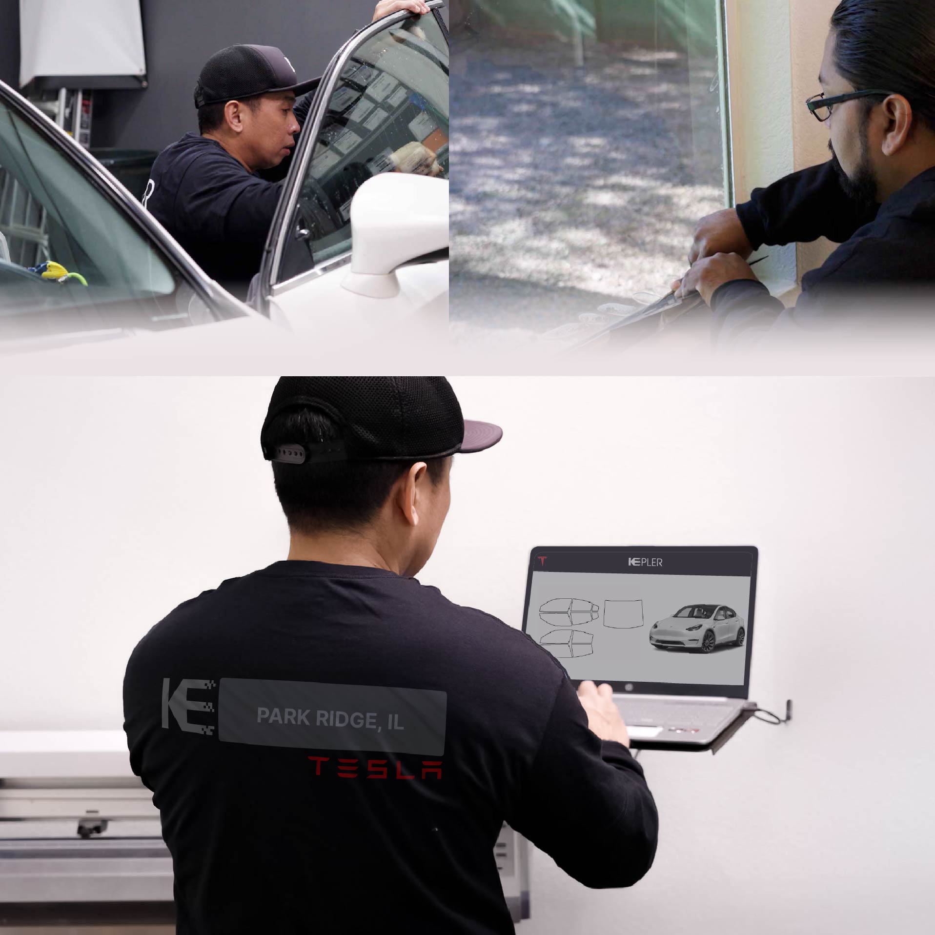 Expert Technician Installing Advanced Window Tint to Tesla in Park Ridge