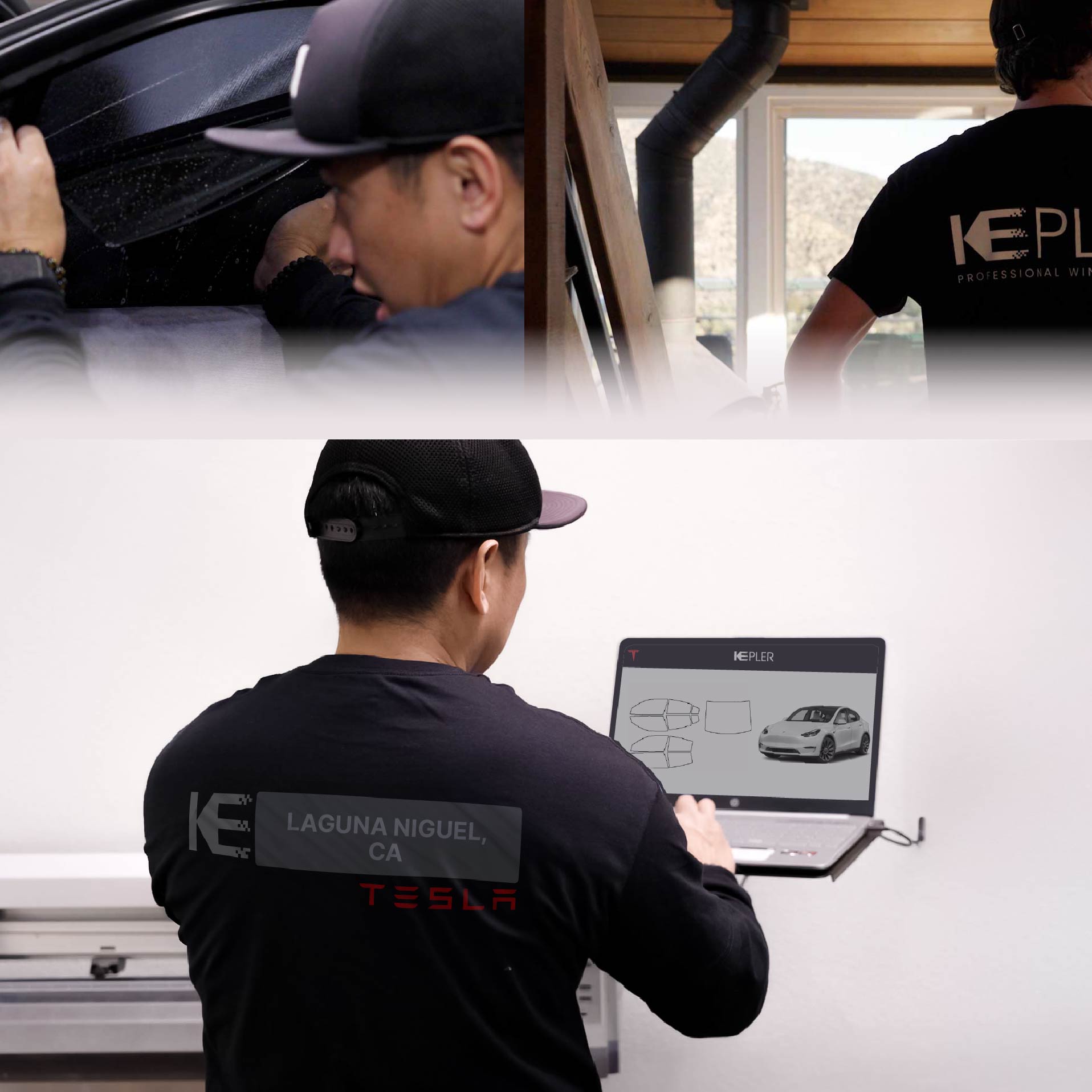 Expert Technician Installing Ceramic Window Tint to Tesla in Laguna Niguel