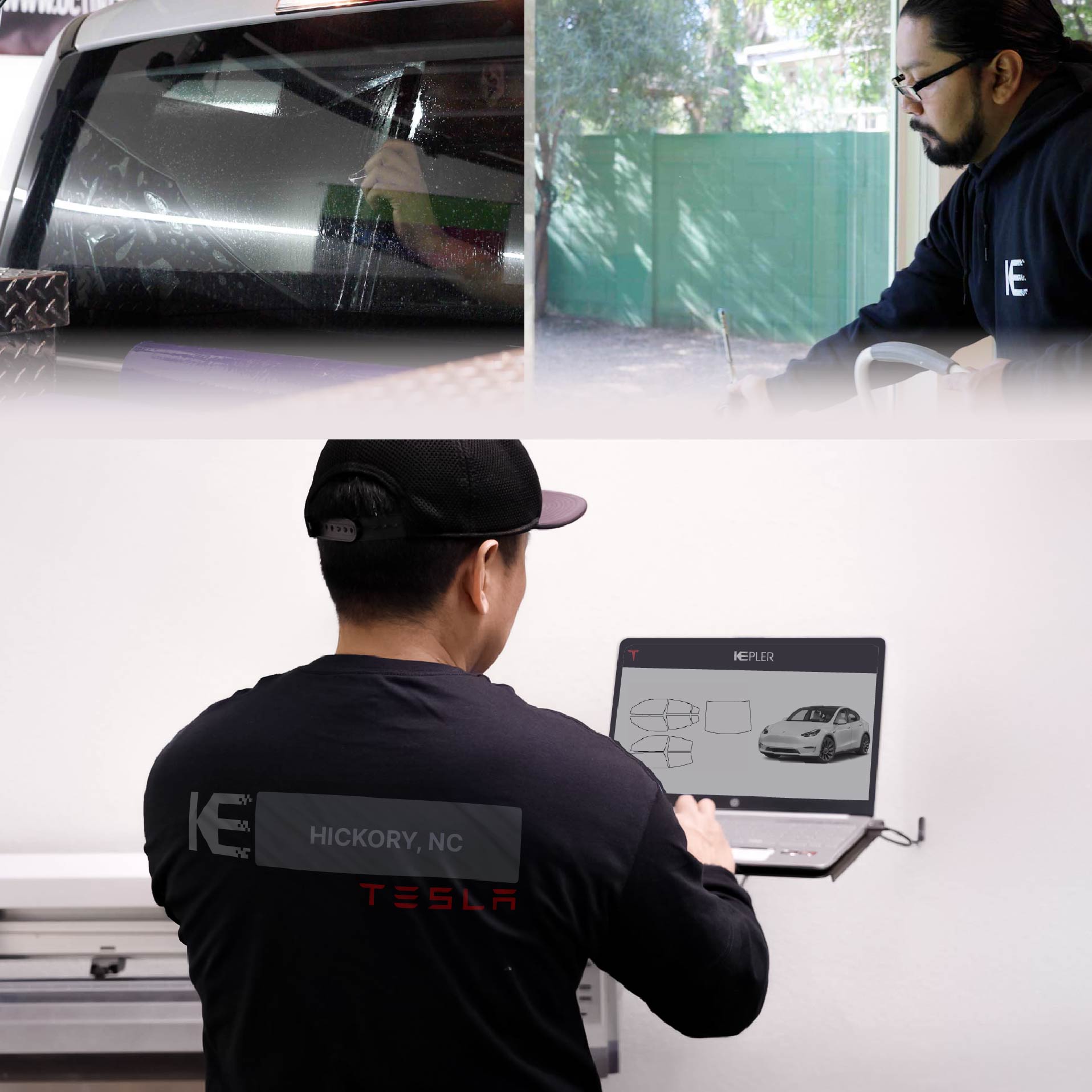 Expert Technician Applying Advanced Window Tint to Tesla in Hickory