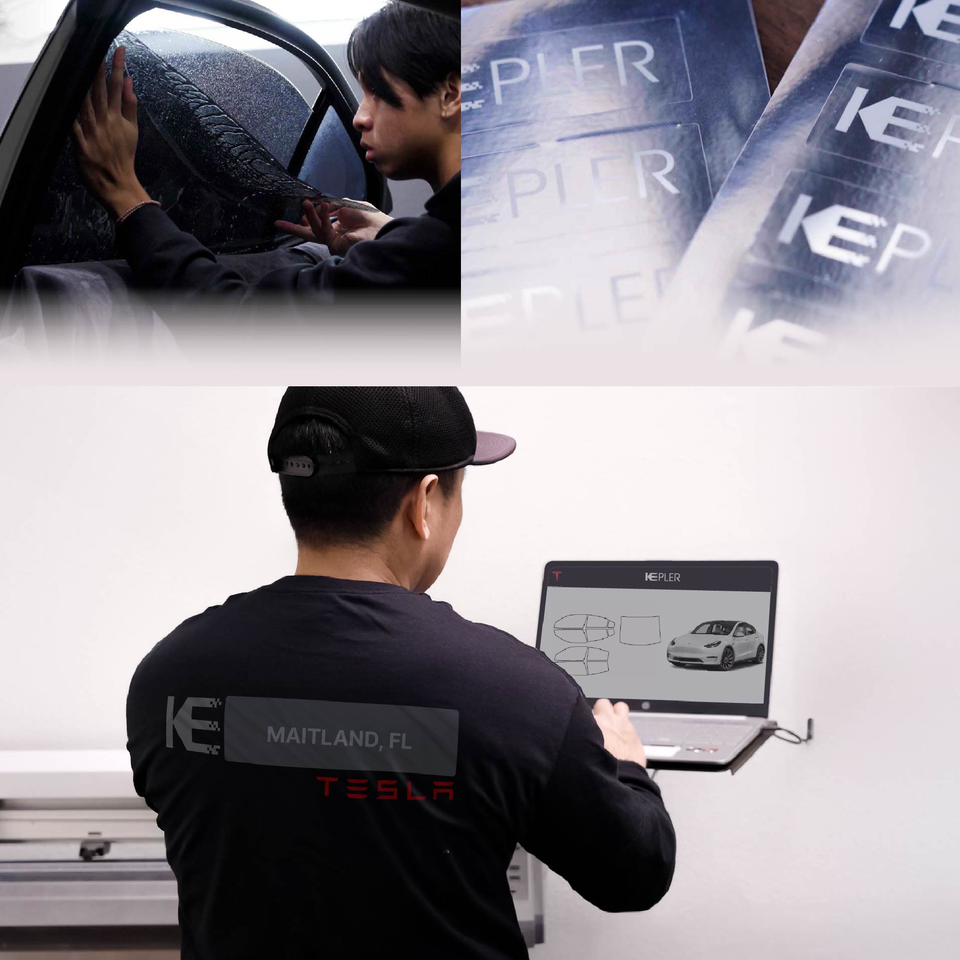 Kepler Technician Applying Ceramic Window Tint to Tesla in Maitland