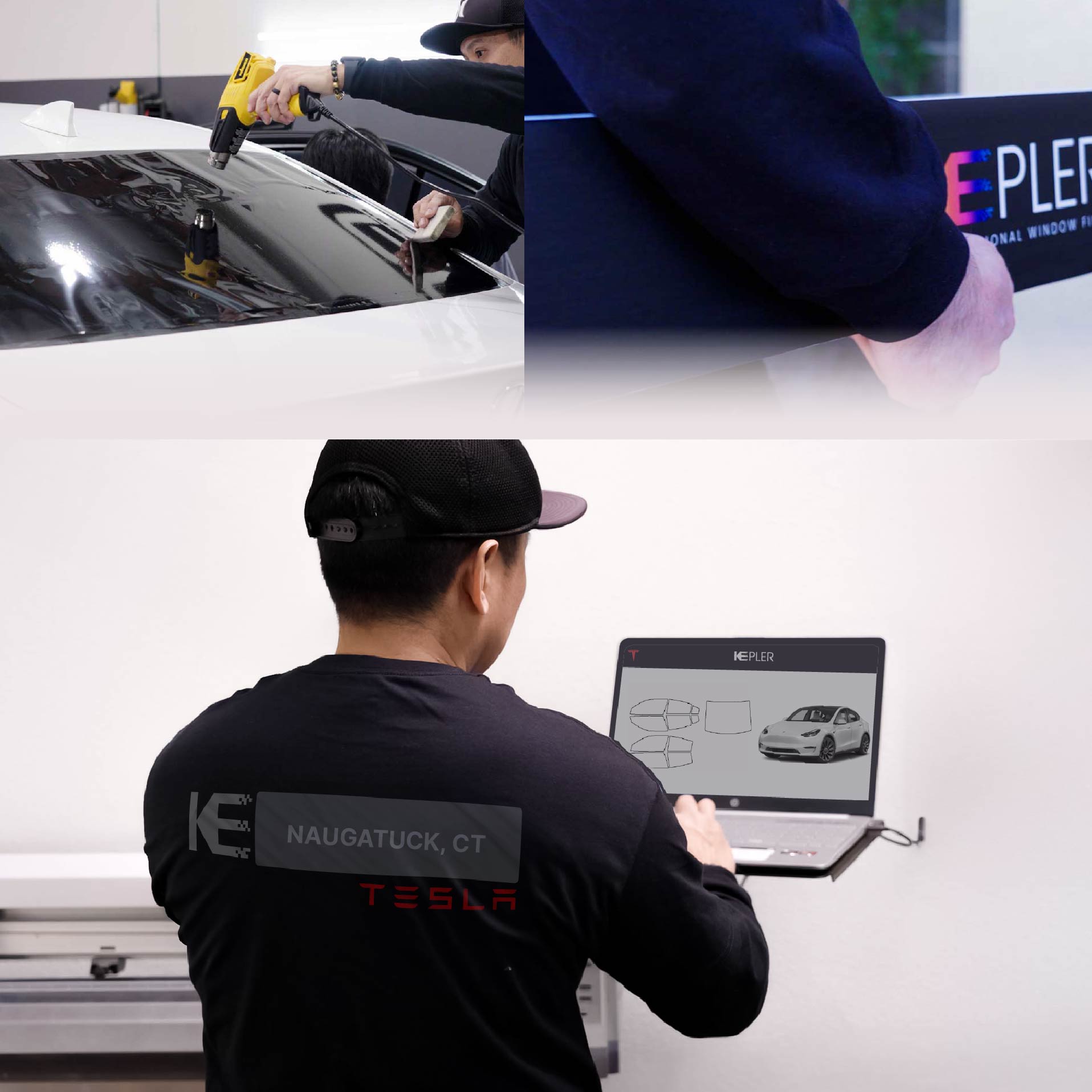 Kepler Technician Installing High-tech Window Tint to Tesla in Naugatuck