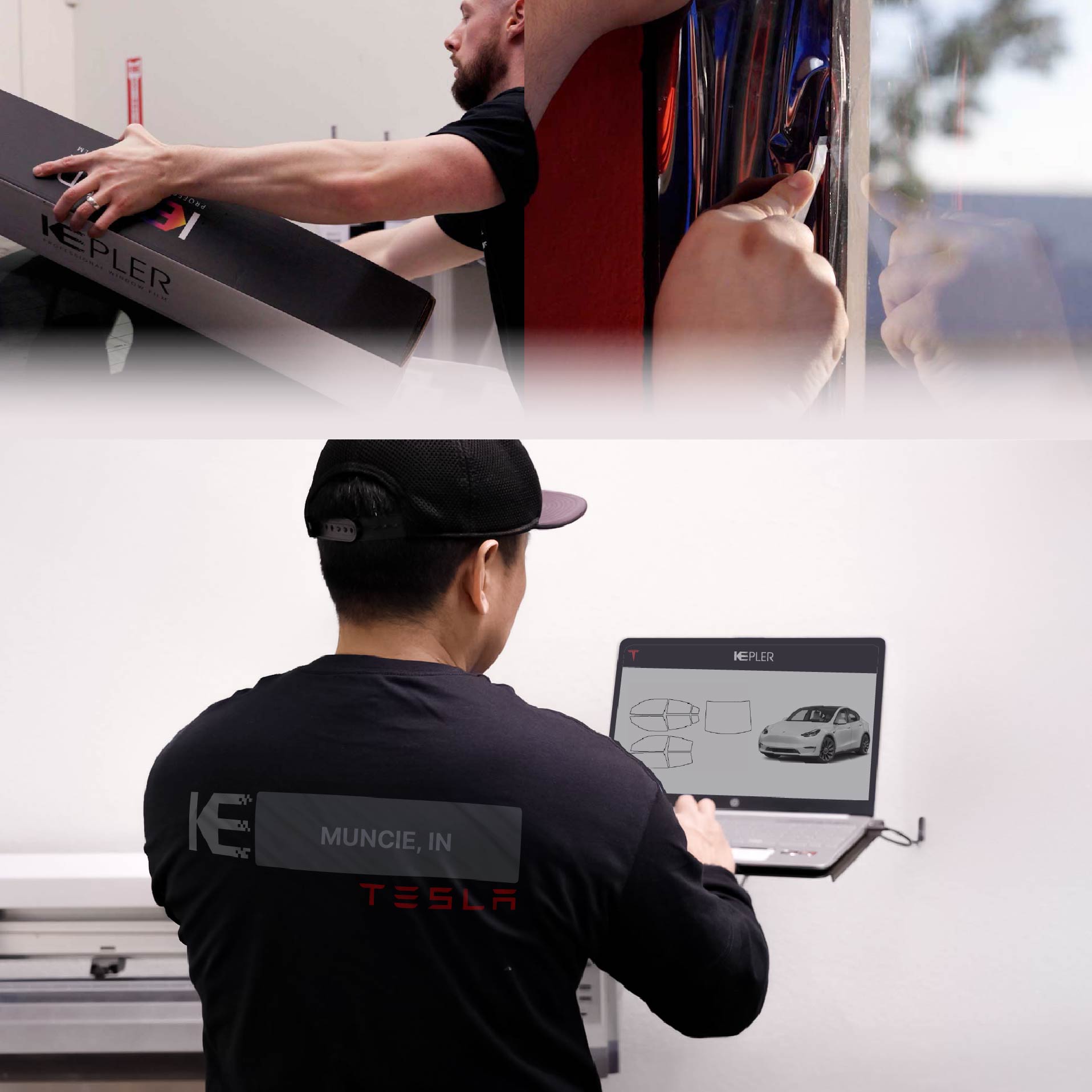 Expert Technician Applying High-tech Window Tint to Tesla in Muncie
