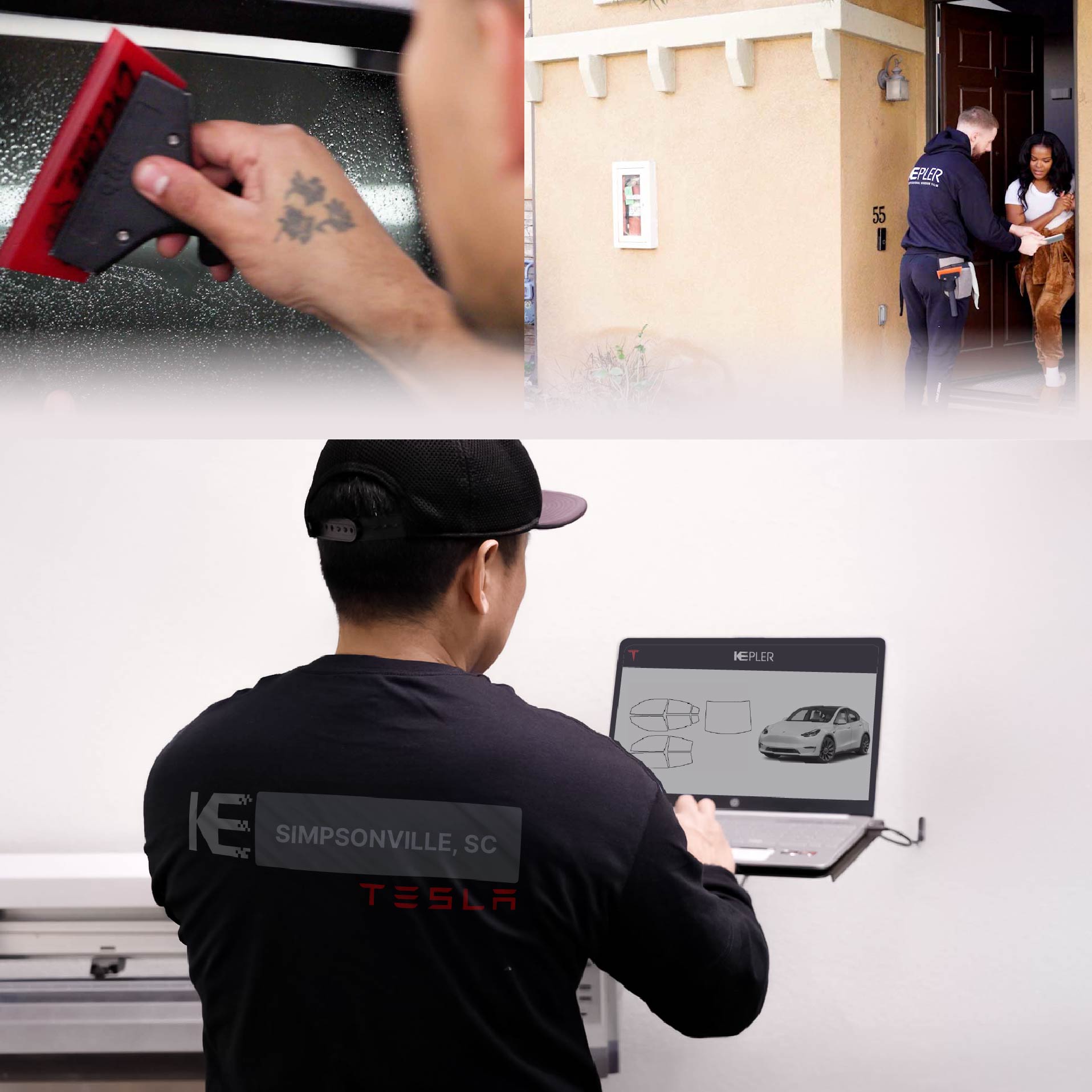 Expert Technician Applying Ceramic Window Tint to Tesla in Simpsonville