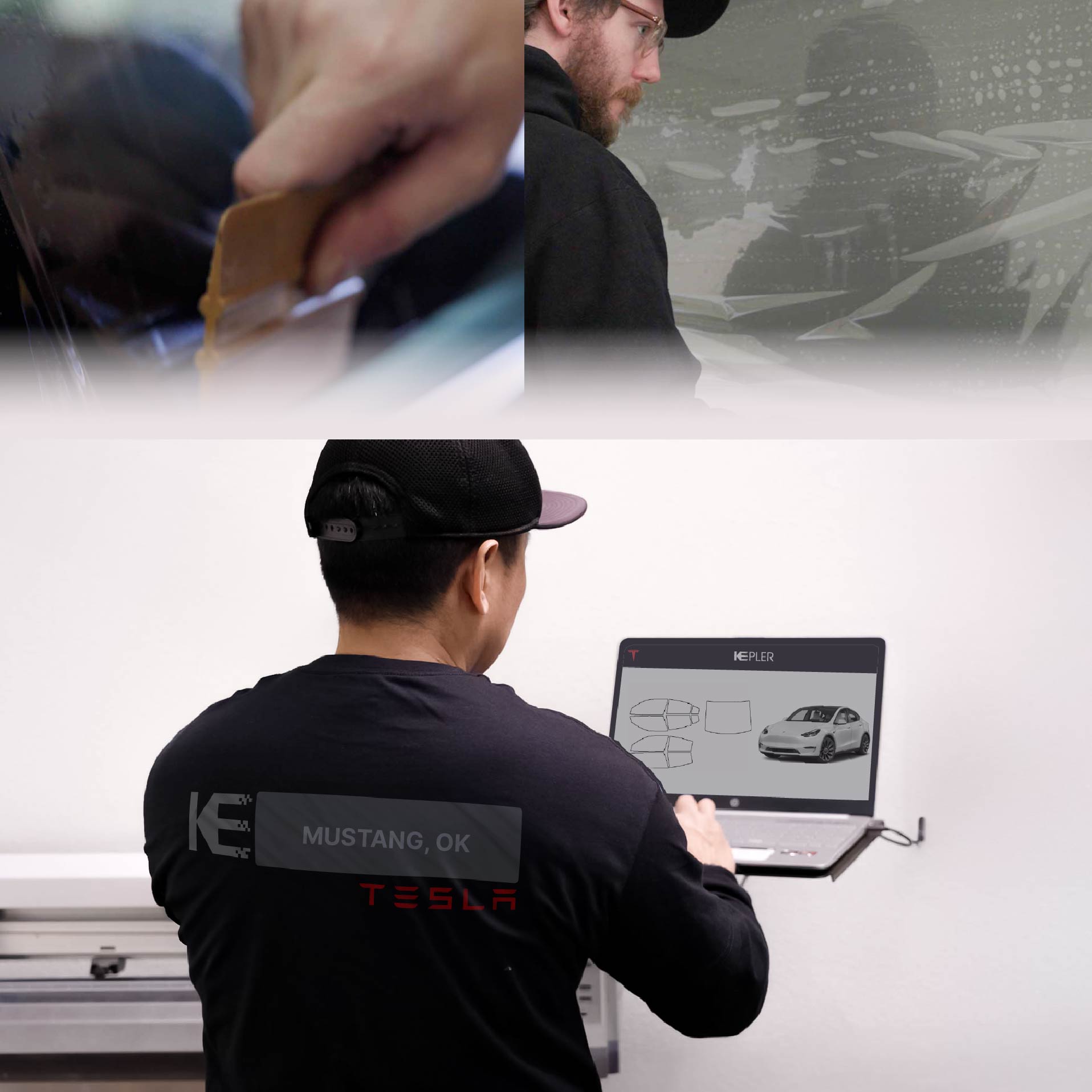 Kepler Technician Fitting Advanced Window Tint to Tesla in Mustang