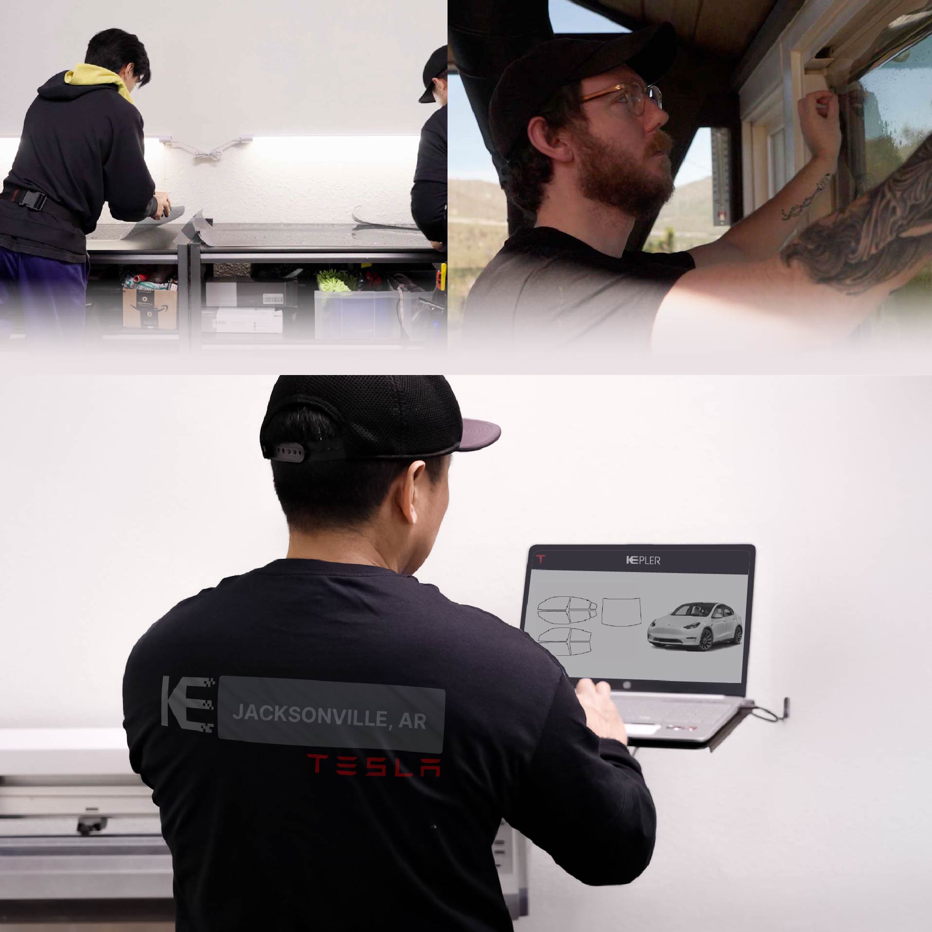 Expert Technician Installing Advanced Window Tint to Tesla in Jacksonville