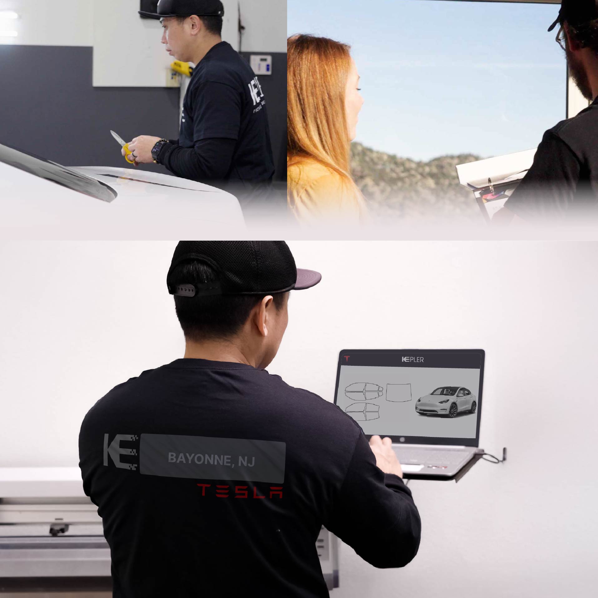 Kepler Technician Fitting Ceramic Window Tint to Tesla in Bayonne