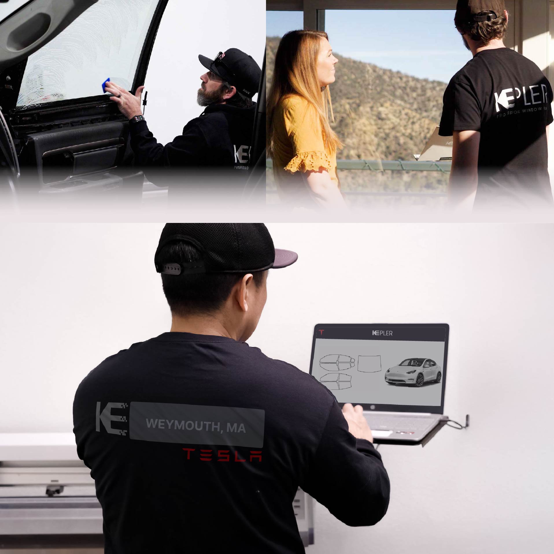 Expert Technician Applying Ceramic Window Tint to Tesla in Weymouth