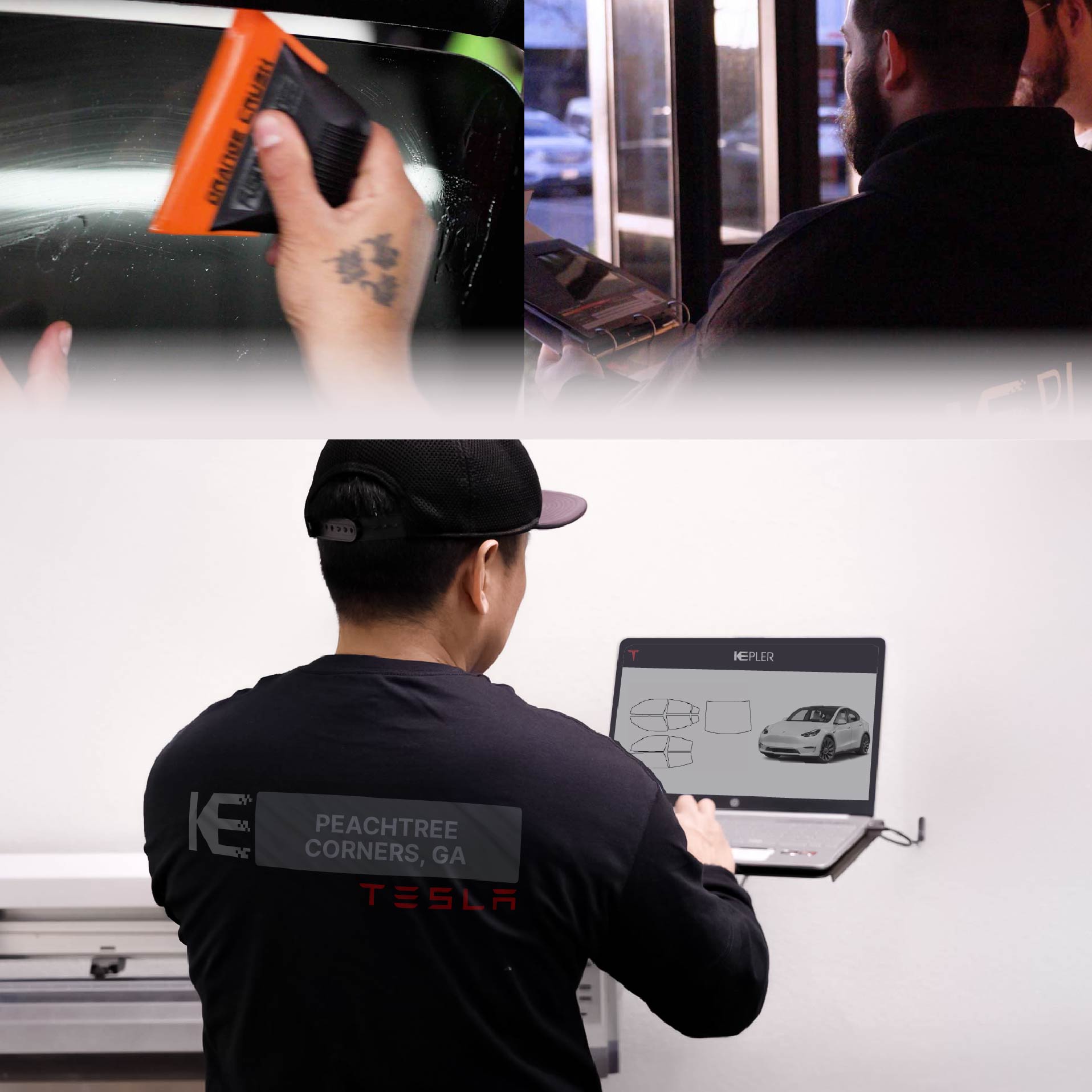 Kepler Technician Fitting Advanced Window Tint to Tesla in Peachtree Corners