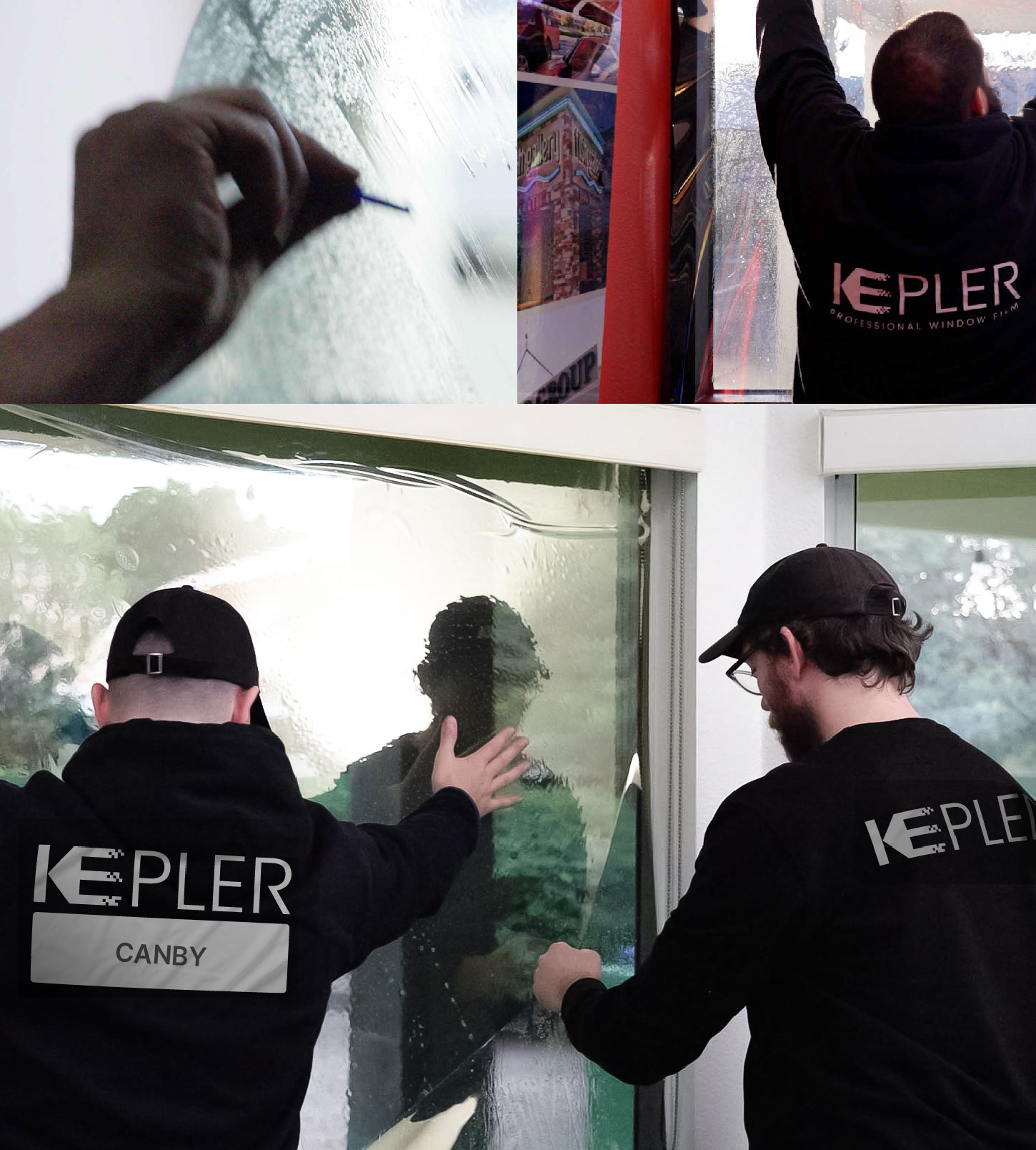 Expert Technician Installing Advanced Window Tint to Home in Canby