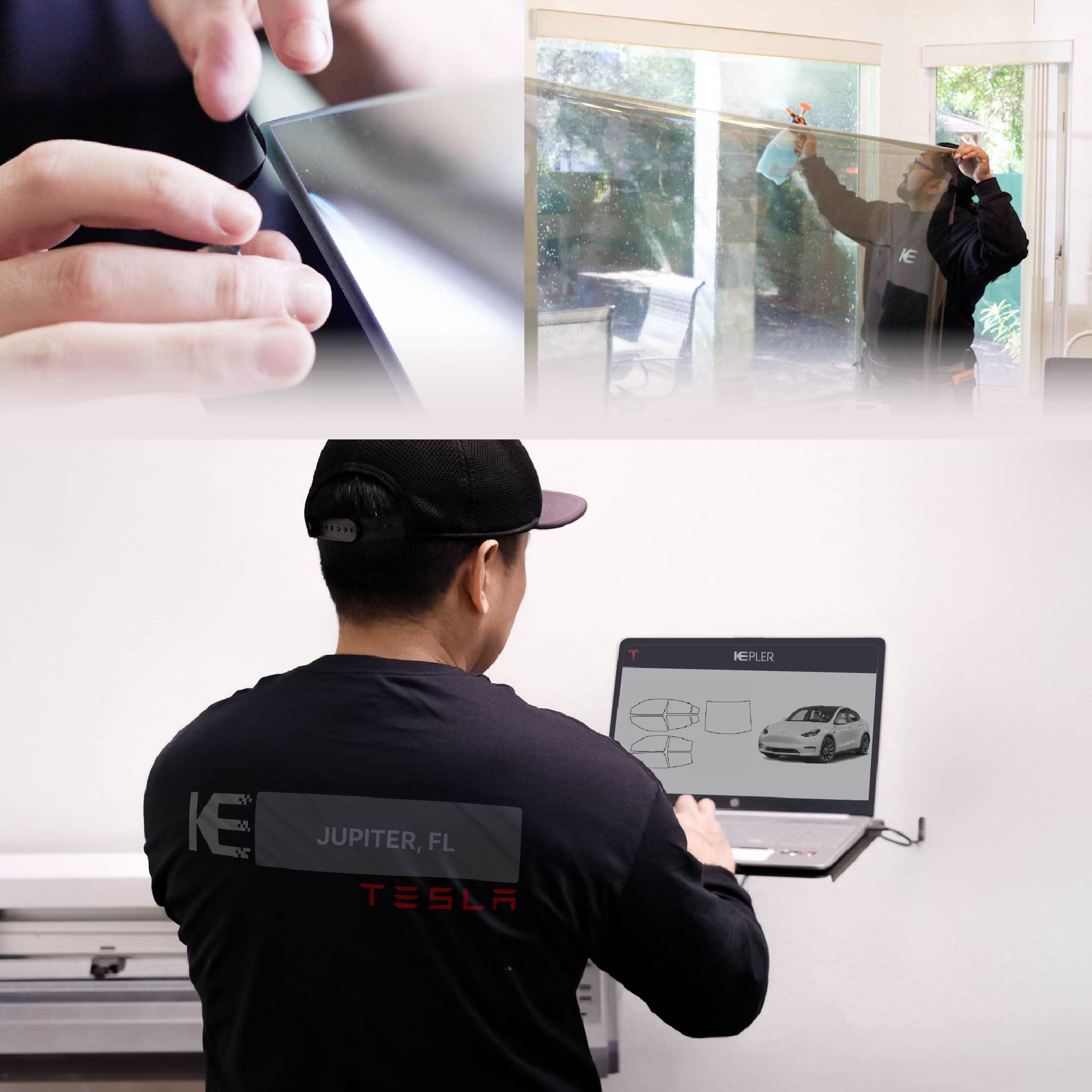 Expert Technician Installing Advanced Window Tint to Tesla in Jupiter