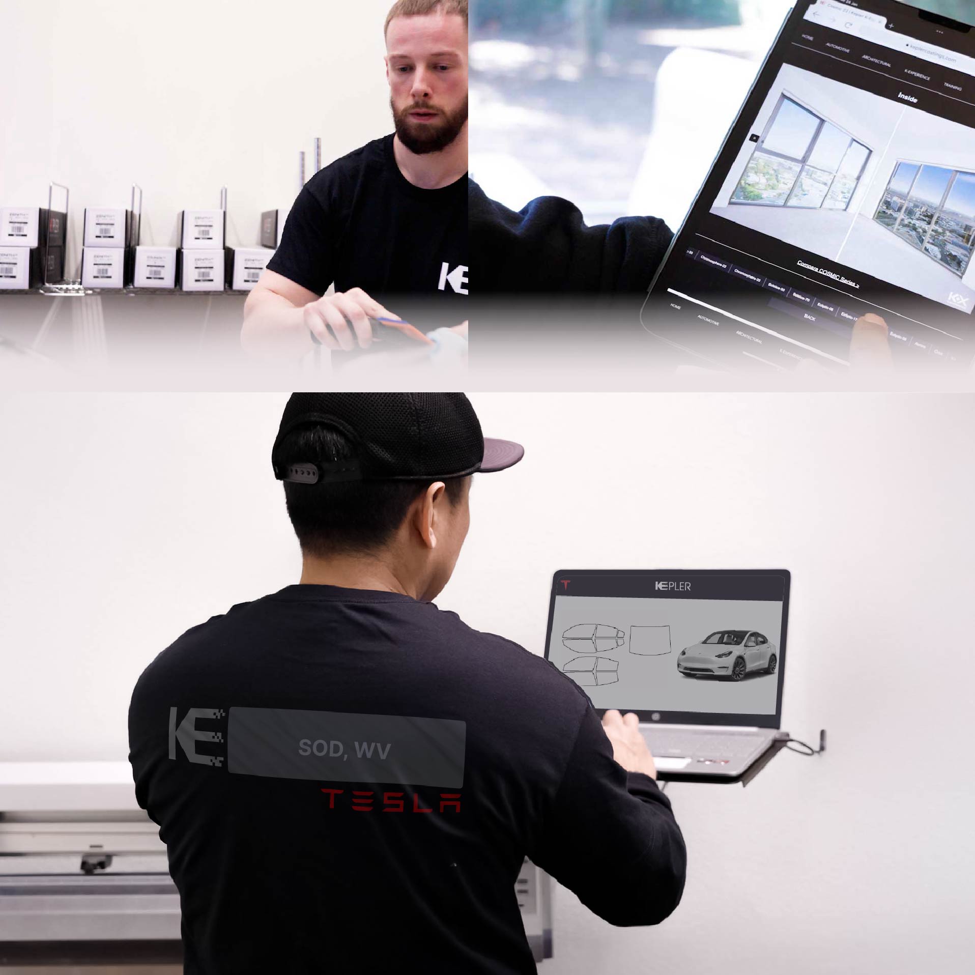Kepler Technician Installing Advanced Window Tint to Tesla in Sod