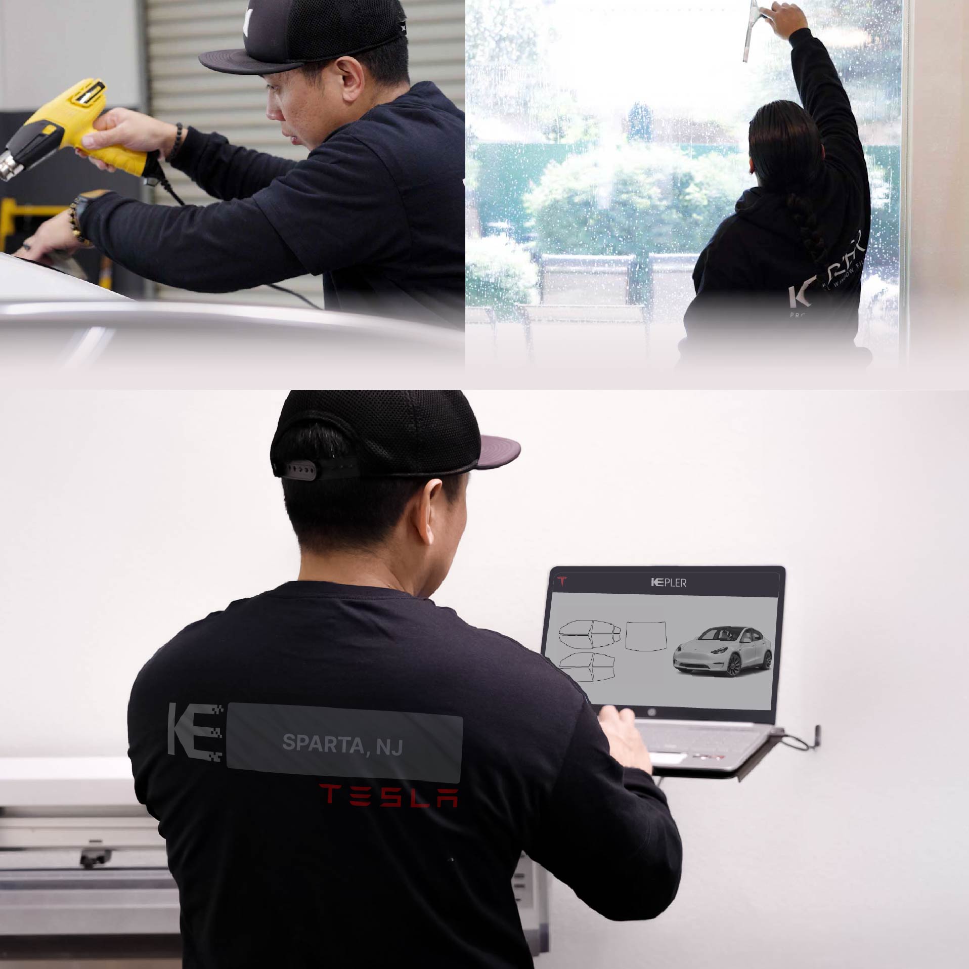 Expert Technician Fitting Advanced Window Tint to Tesla in Sparta