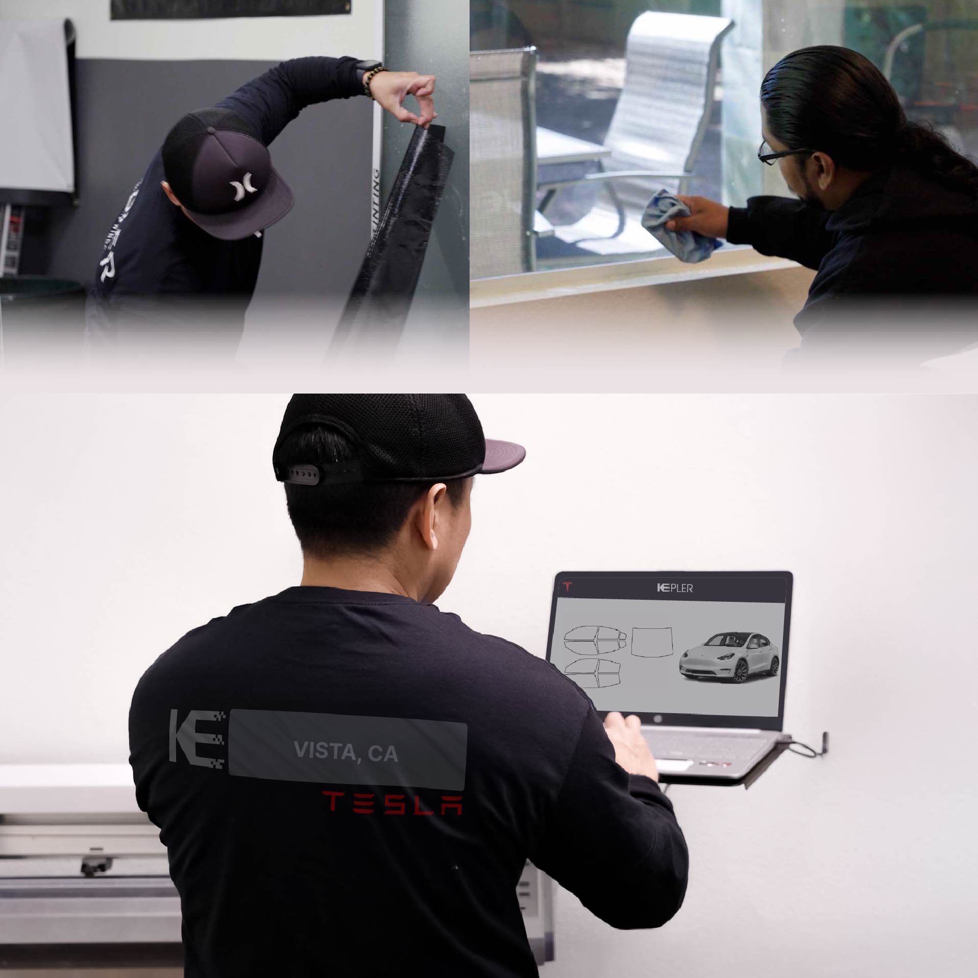 Expert Technician Installing High-tech Window Tint to Tesla in Vista