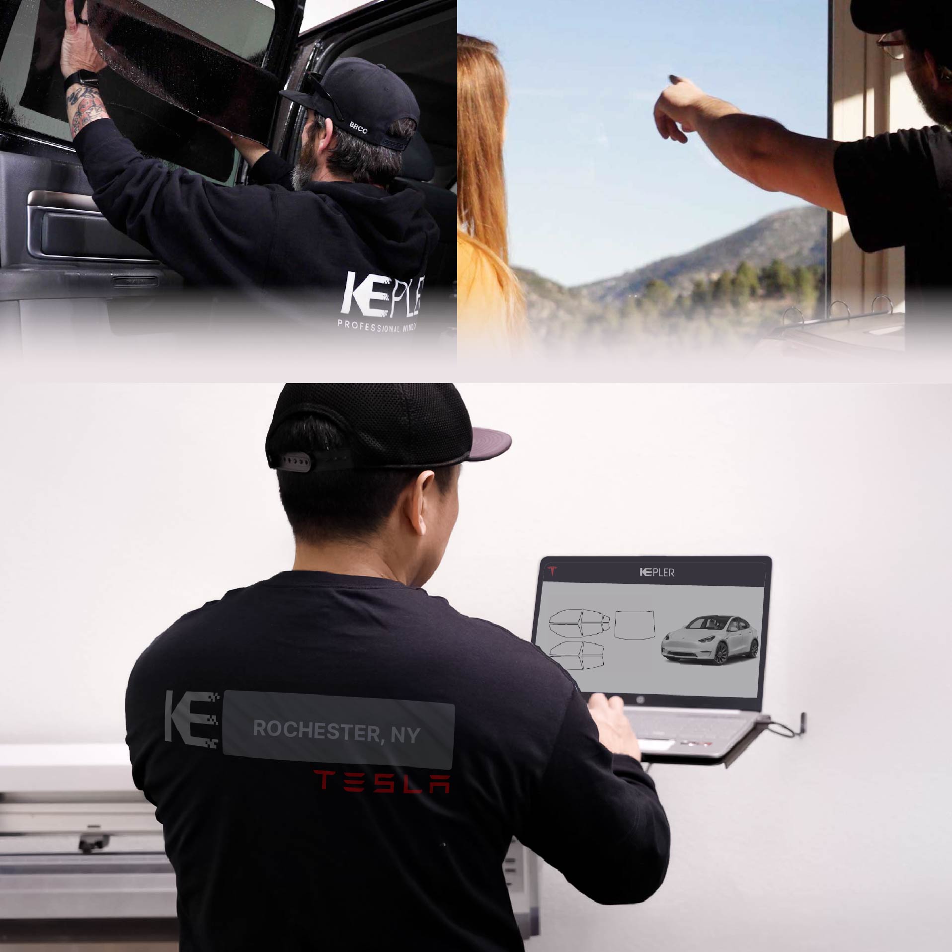 Kepler Technician Installing Ceramic Window Tint to Tesla in Rochester