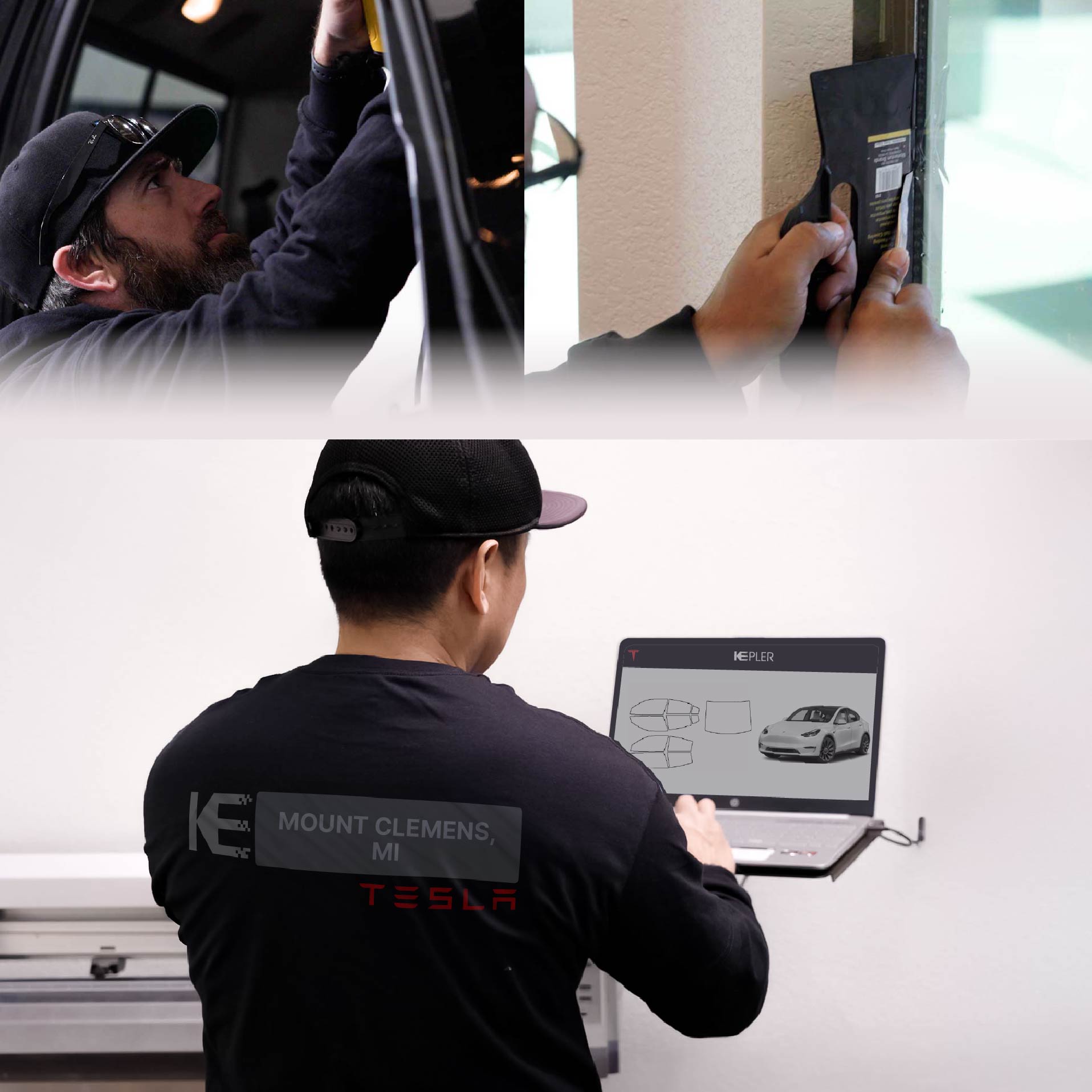 Expert Technician Fitting High-tech Window Tint to Tesla in Mount Clemens
