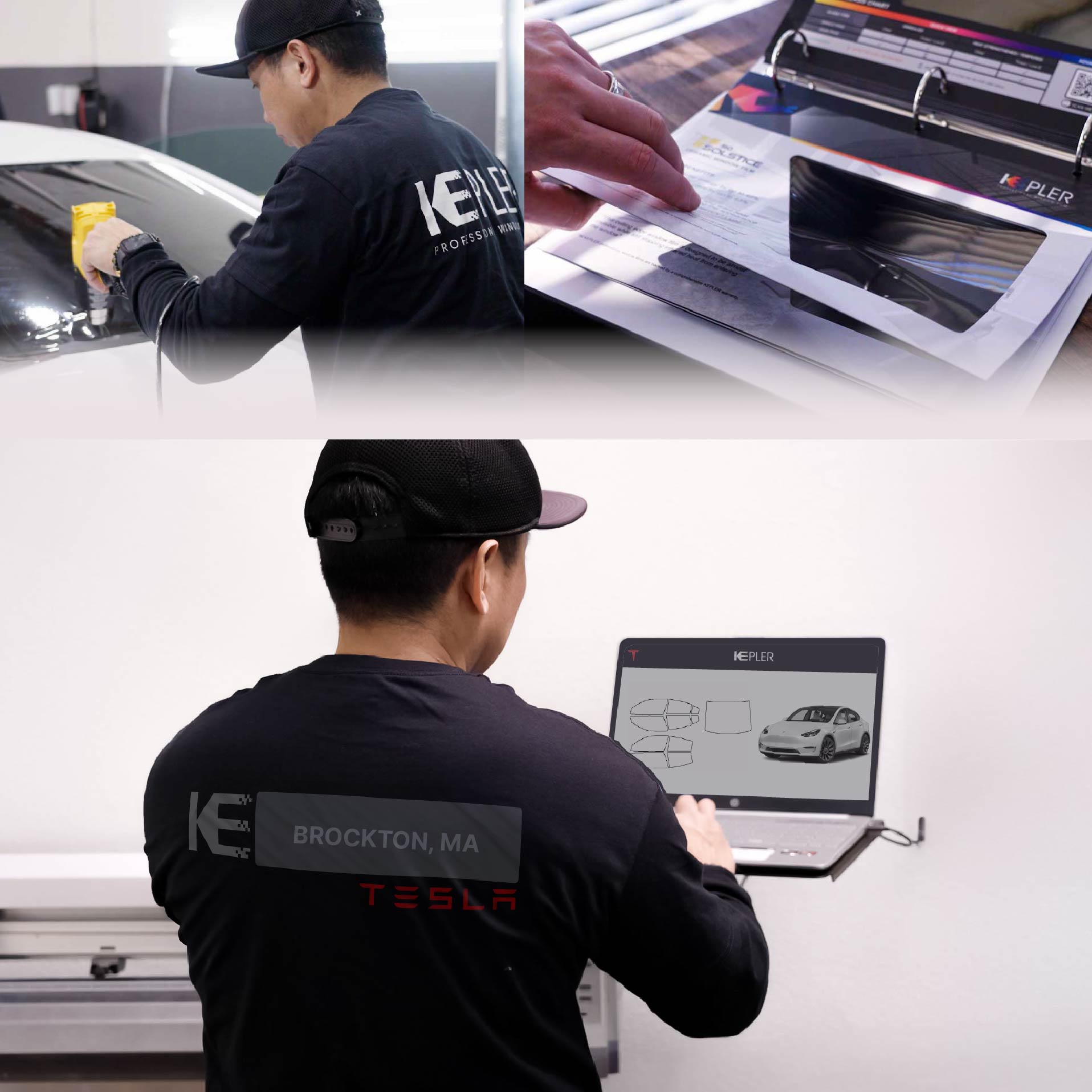 Kepler Technician Installing Advanced Window Tint to Tesla in Brockton