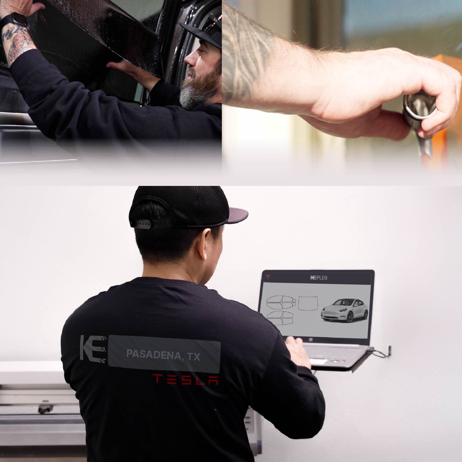 Kepler Technician Applying Ceramic Window Tint to Tesla in Pasadena