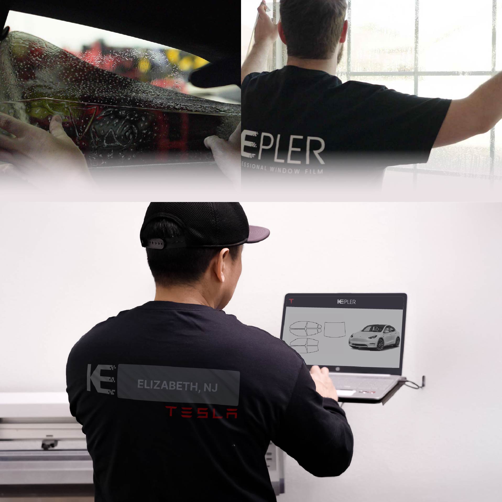 Kepler Technician Applying High-tech Window Tint to Tesla in Elizabeth