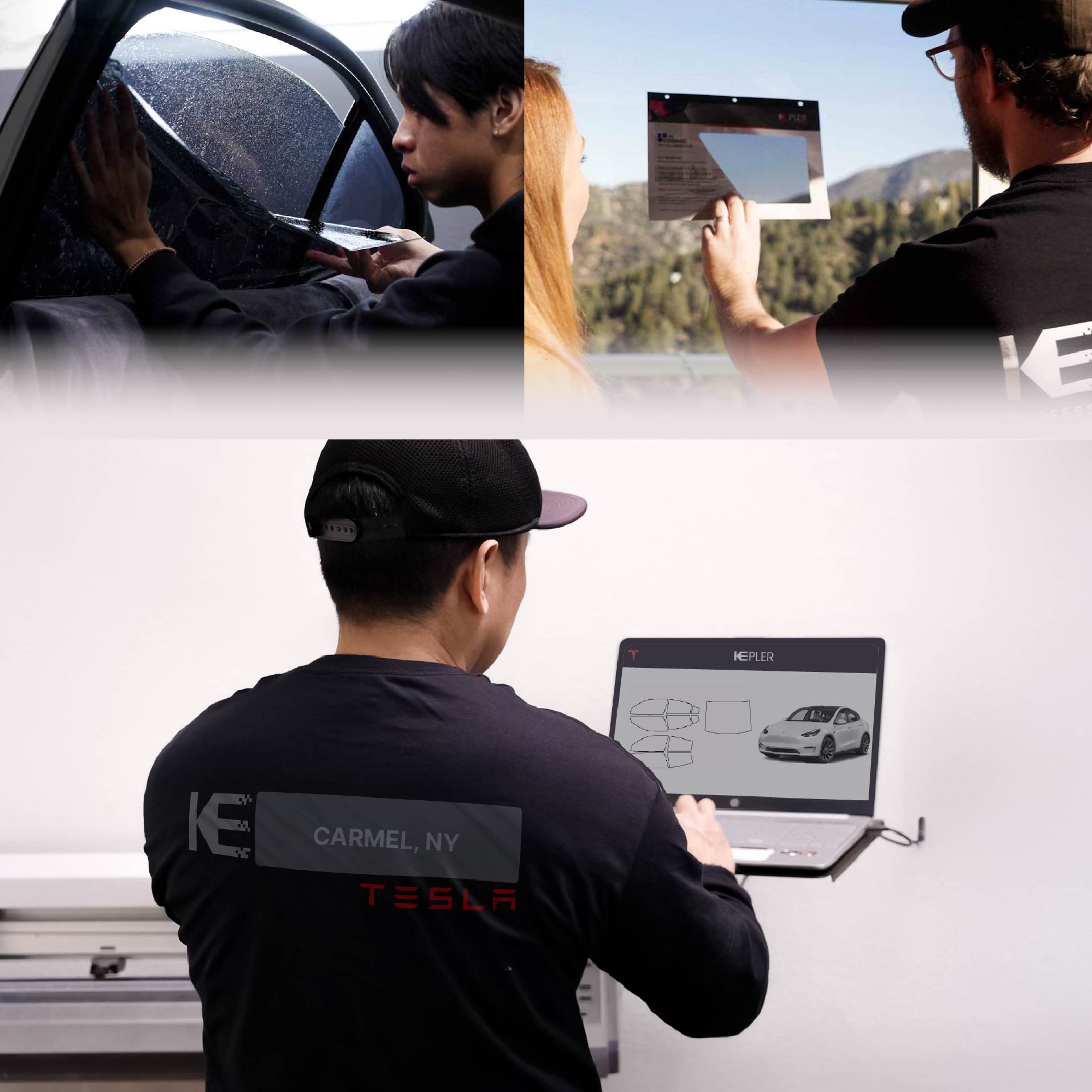 Expert Technician Installing High-tech Window Tint to Tesla in Carmel