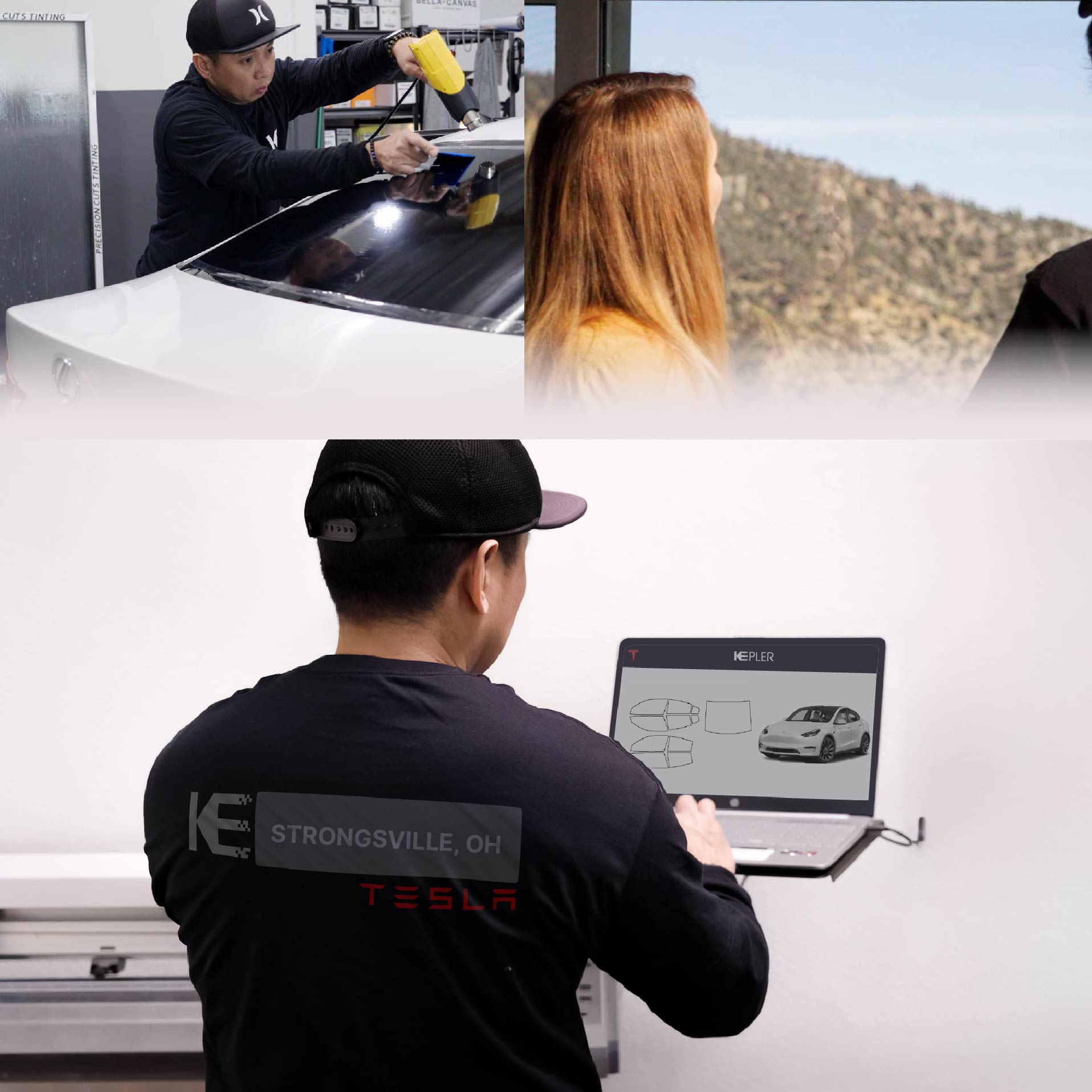 Expert Technician Applying Advanced Window Tint to Tesla in Strongsville