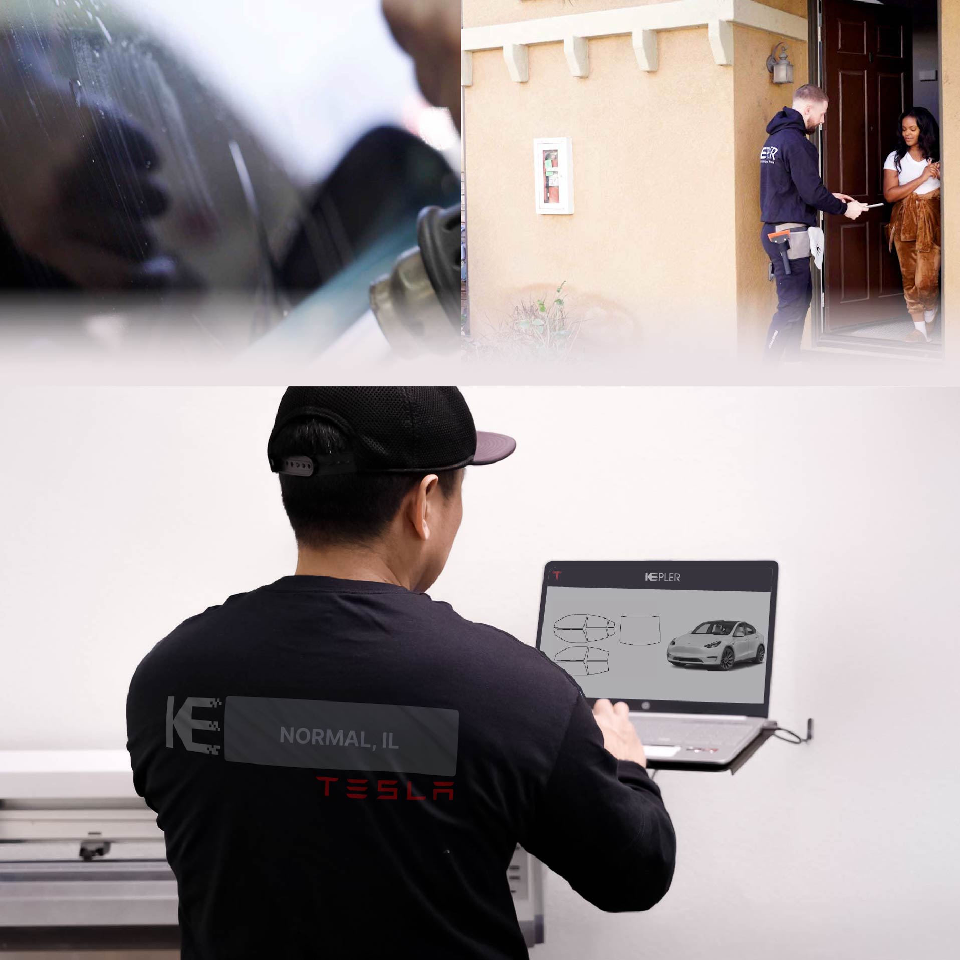 Expert Technician Fitting Advanced Window Tint to Tesla in Normal