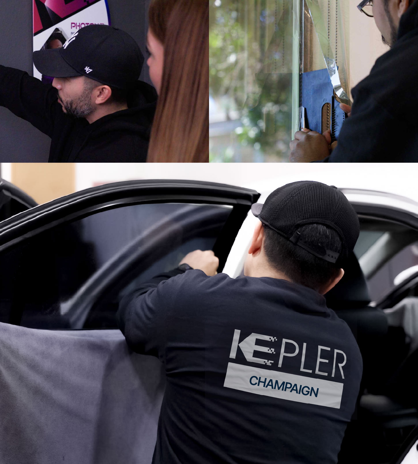 Automotive Window Tinting Expert Applying Film in Champaign, Illinois