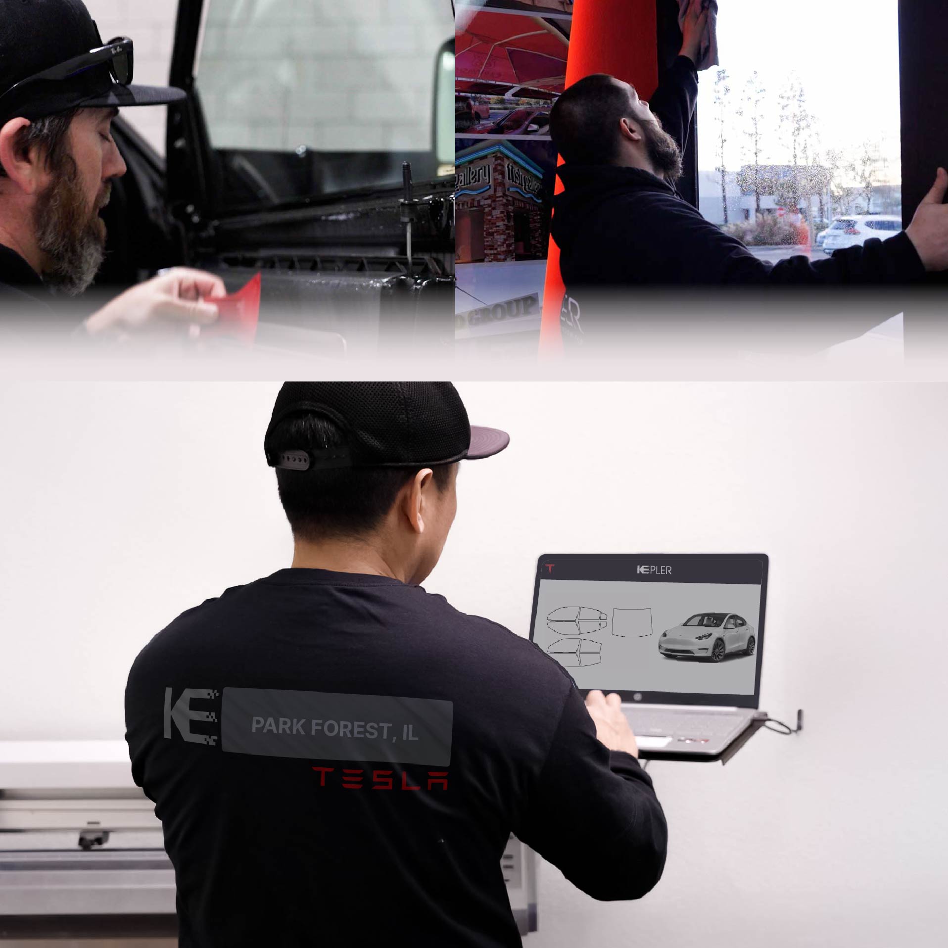 Expert Technician Installing High-tech Window Tint to Tesla in Park Forest