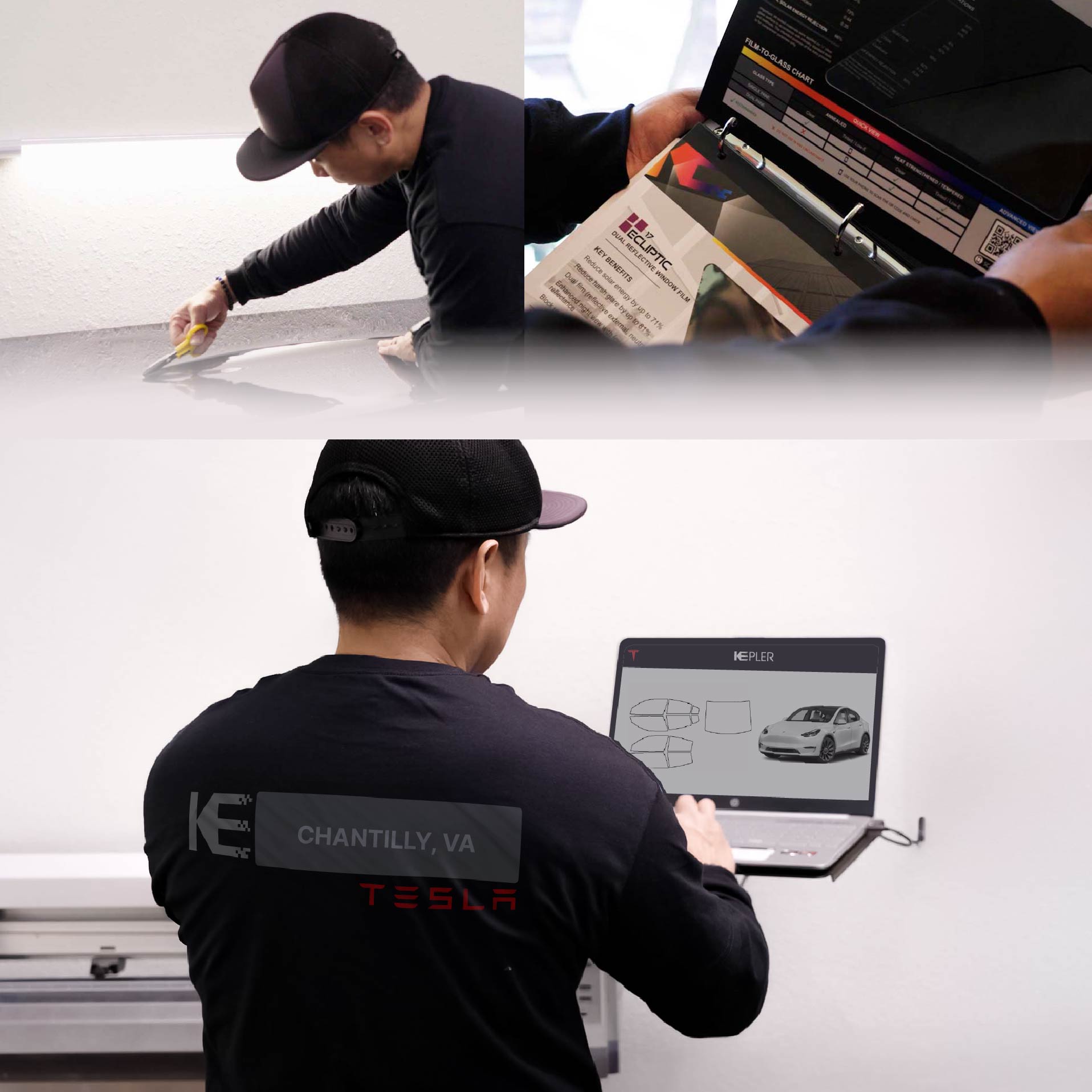 Expert Technician Fitting Ceramic Window Tint to Tesla in Chantilly