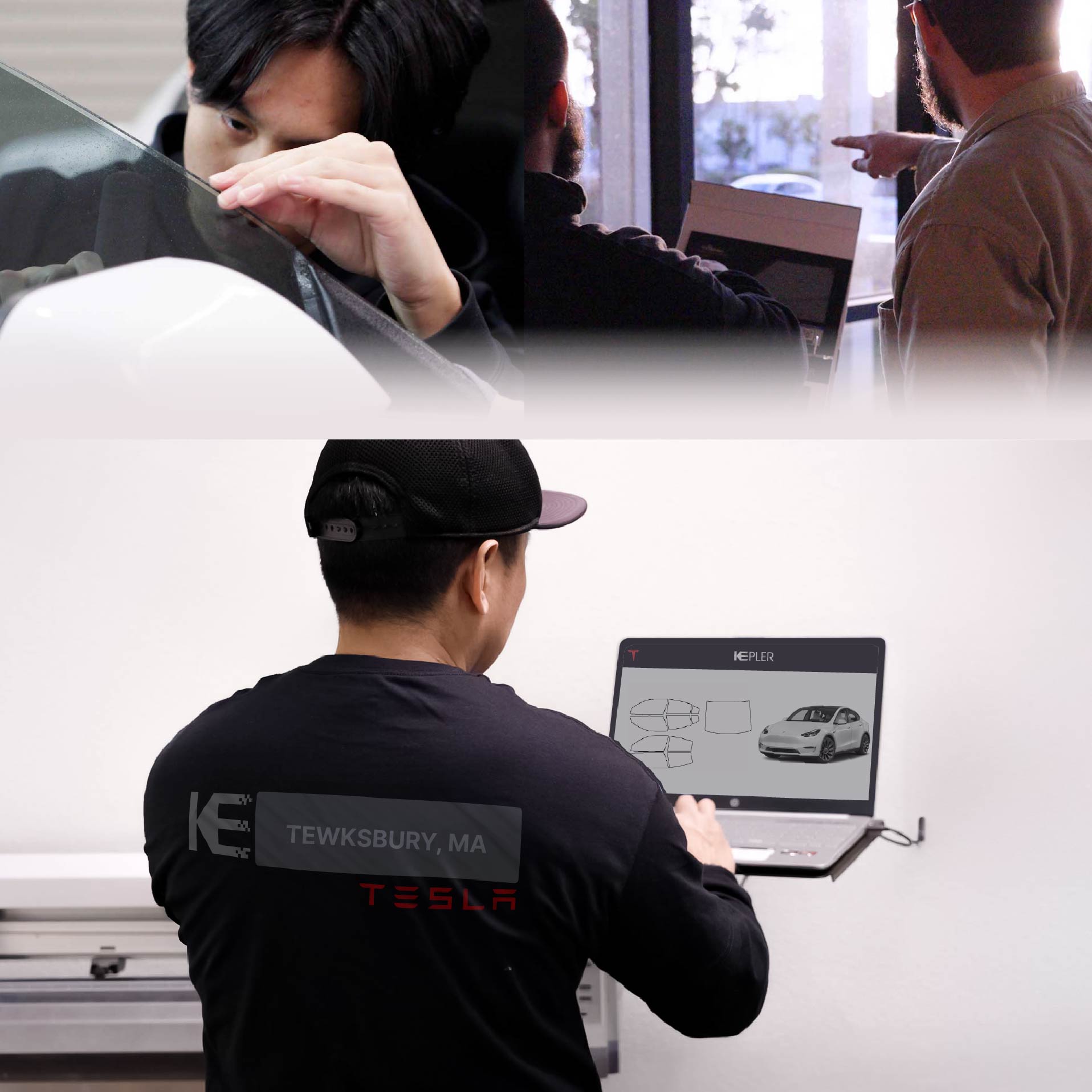 Kepler Technician Installing Ceramic Window Tint to Tesla in Tewksbury