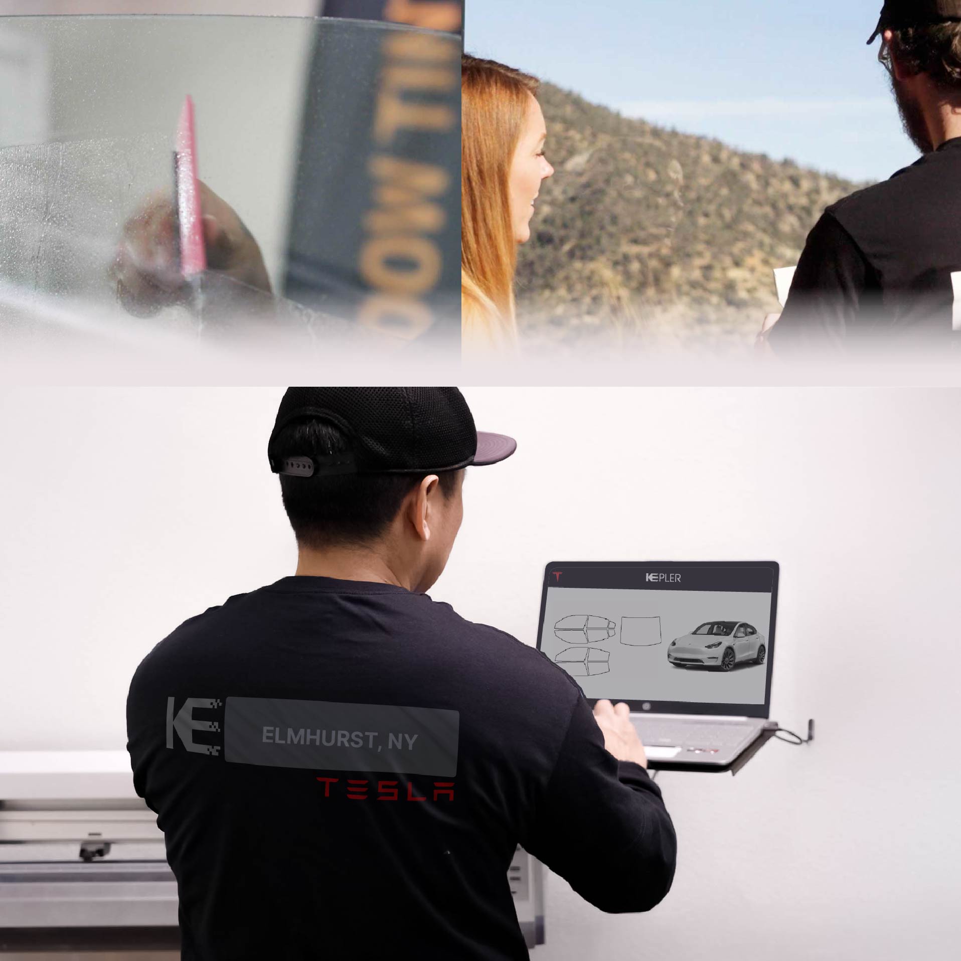 Kepler Technician Installing Ceramic Window Tint to Tesla in Elmhurst