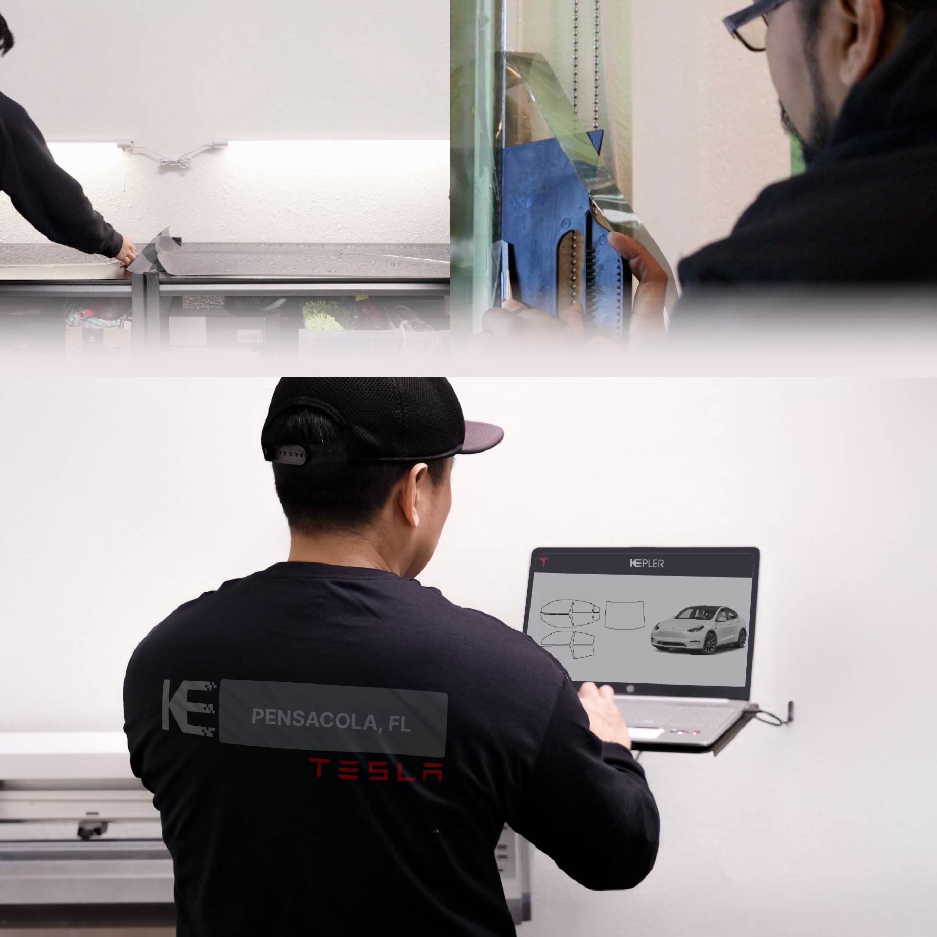 Kepler Technician Fitting Advanced Window Tint to Tesla in Pensacola