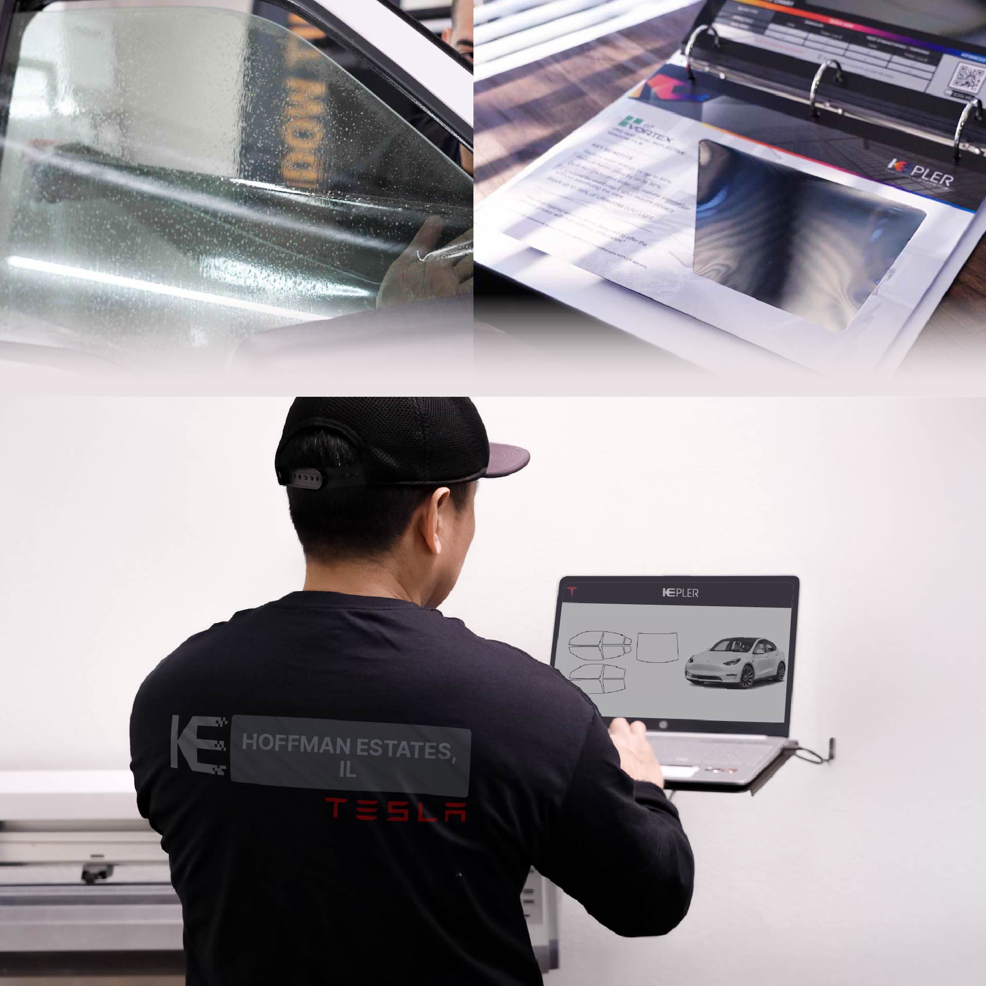 Expert Technician Fitting High-tech Window Tint to Tesla in Hoffman Estates