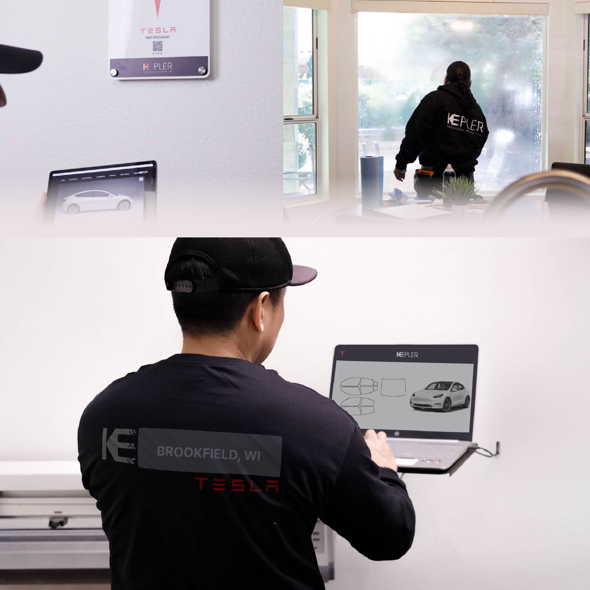 Expert Technician Installing Advanced Window Tint to Tesla in Brookfield