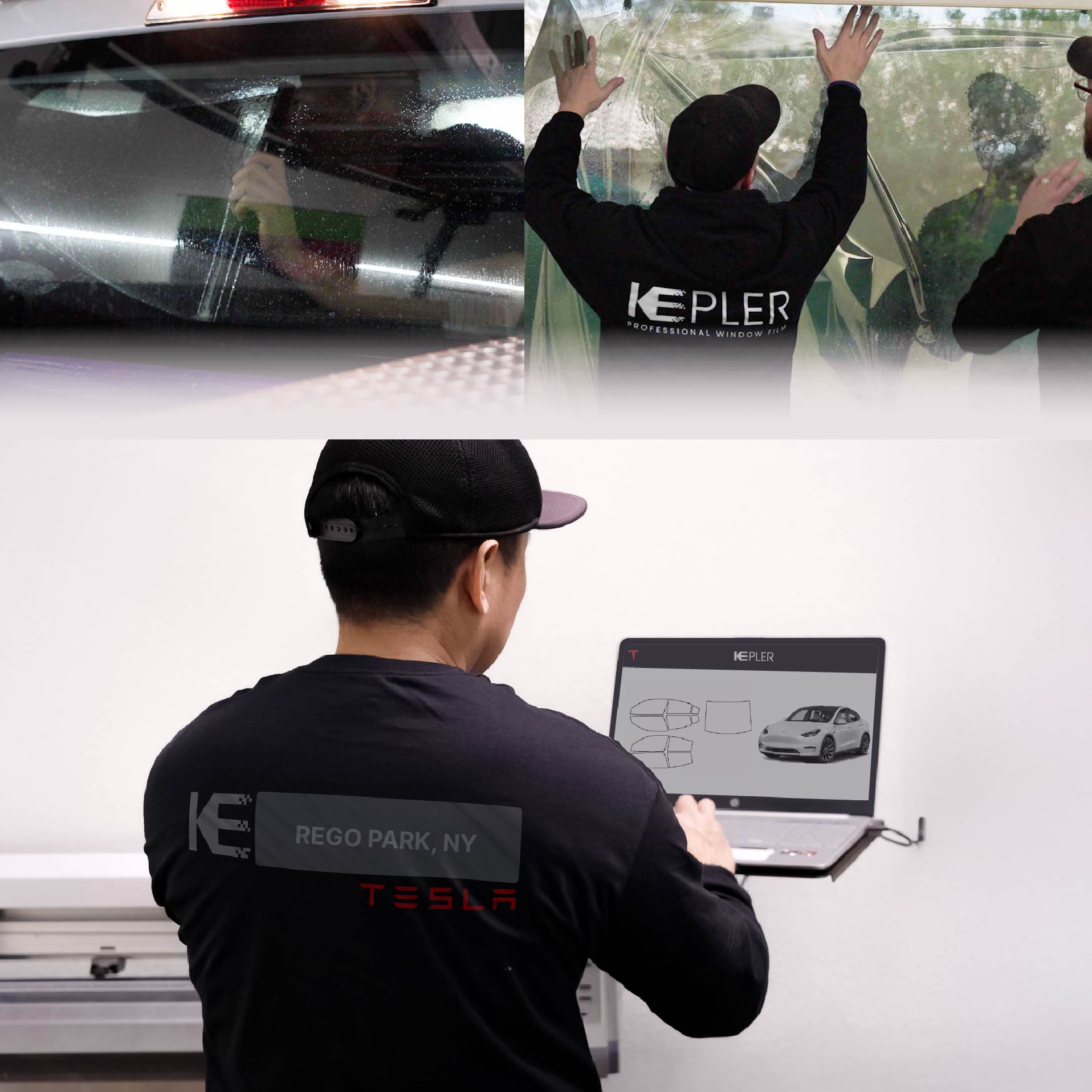 Expert Technician Fitting Advanced Window Tint to Tesla in Rego Park