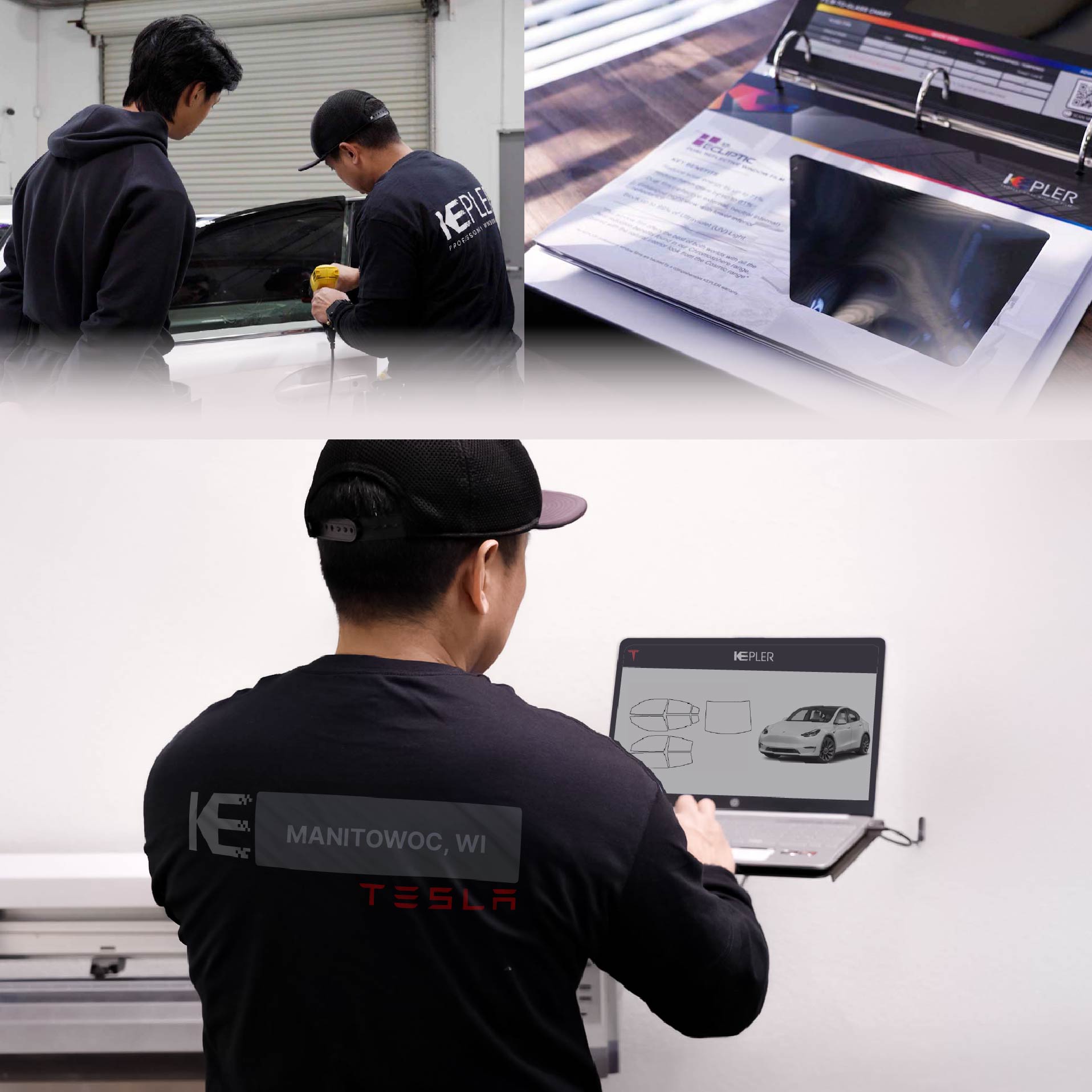 Expert Technician Installing High-tech Window Tint to Tesla in Manitowoc