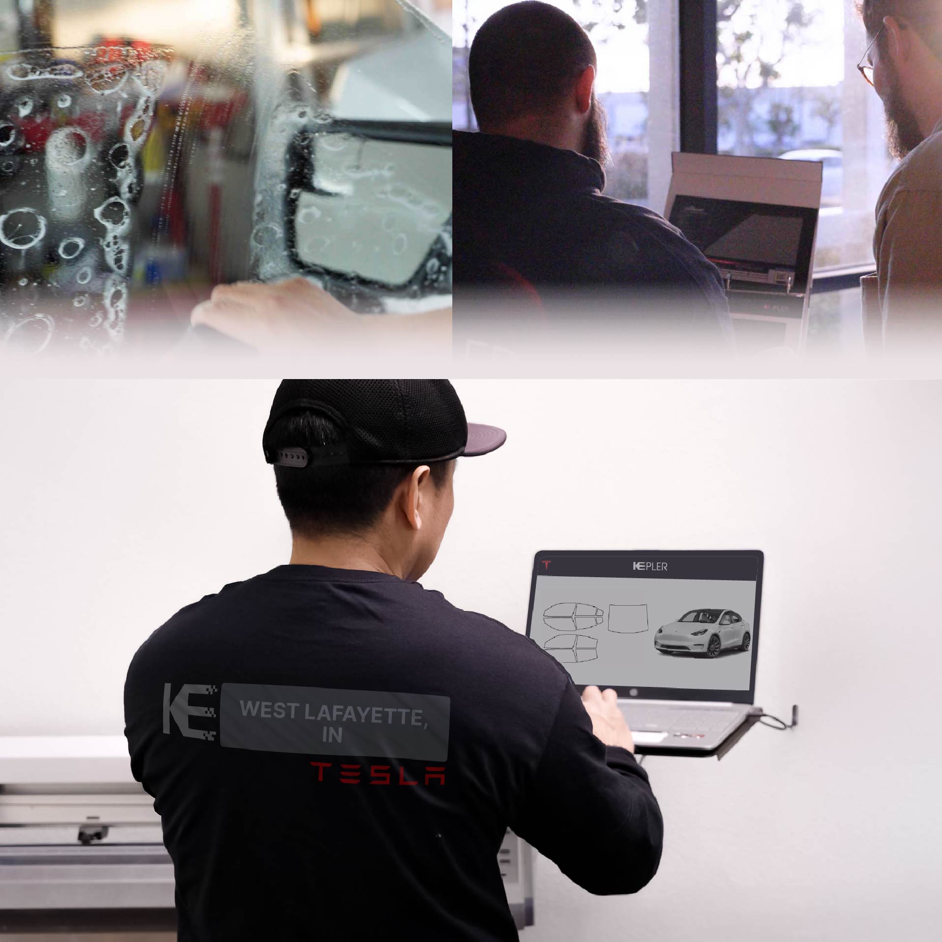 Expert Technician Installing Ceramic Window Tint to Tesla in West Lafayette