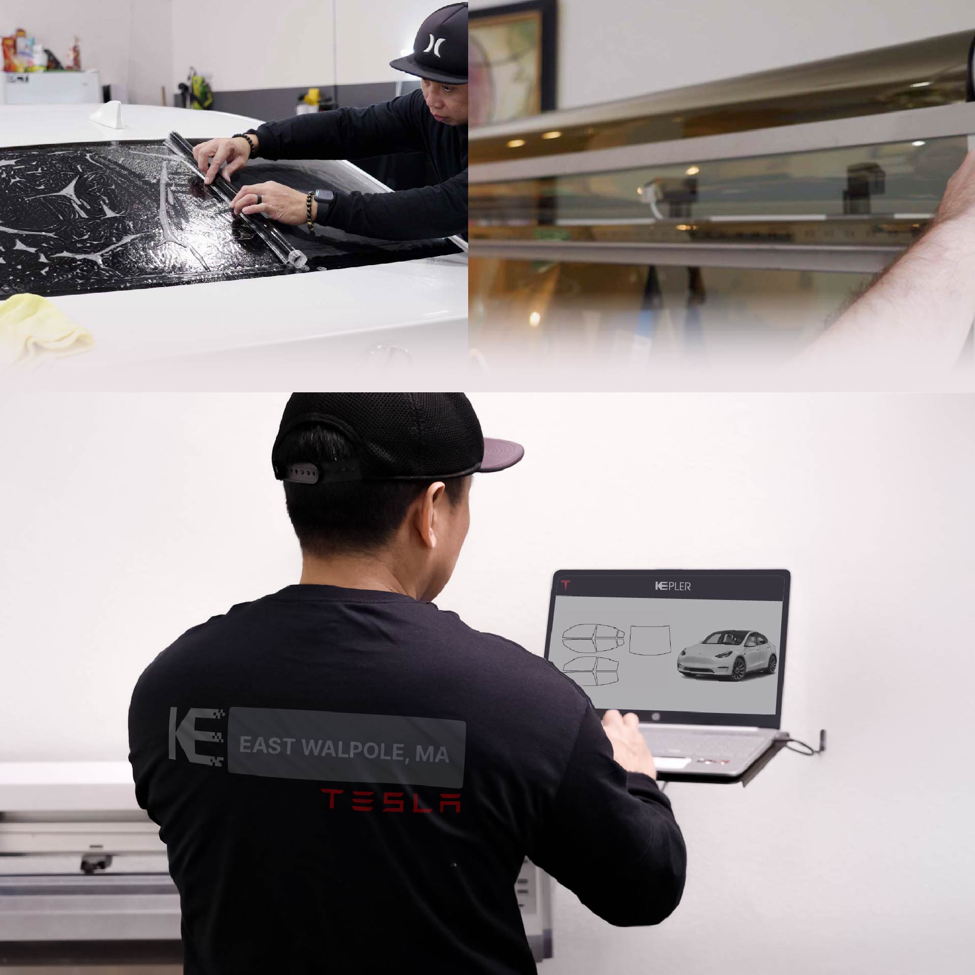 Expert Technician Fitting High-tech Window Tint to Tesla in East Walpole