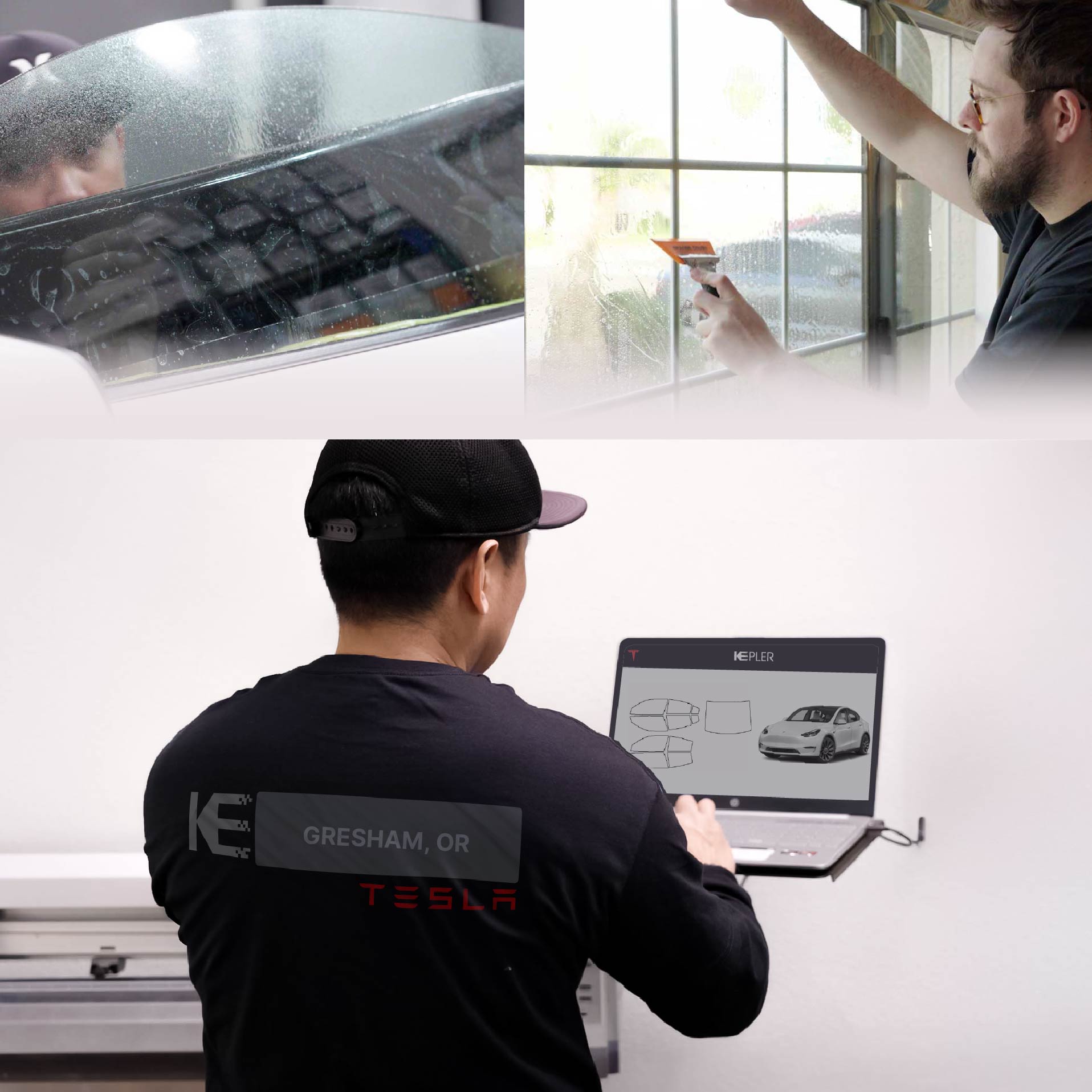 Expert Technician Fitting High-tech Window Tint to Tesla in Gresham