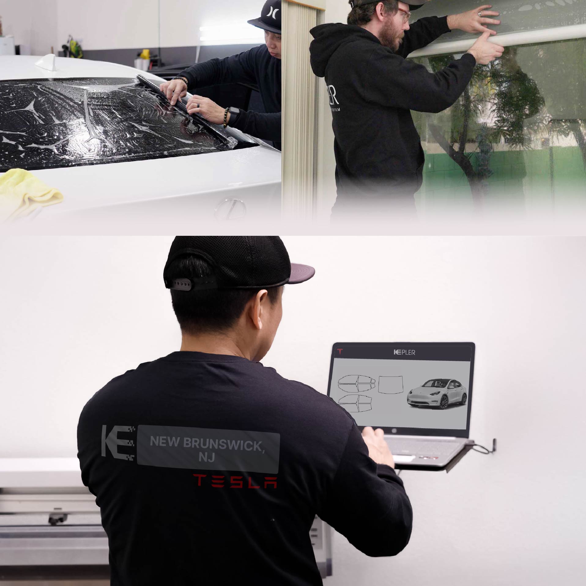 Kepler Technician Applying Ceramic Window Tint to Tesla in New Brunswick