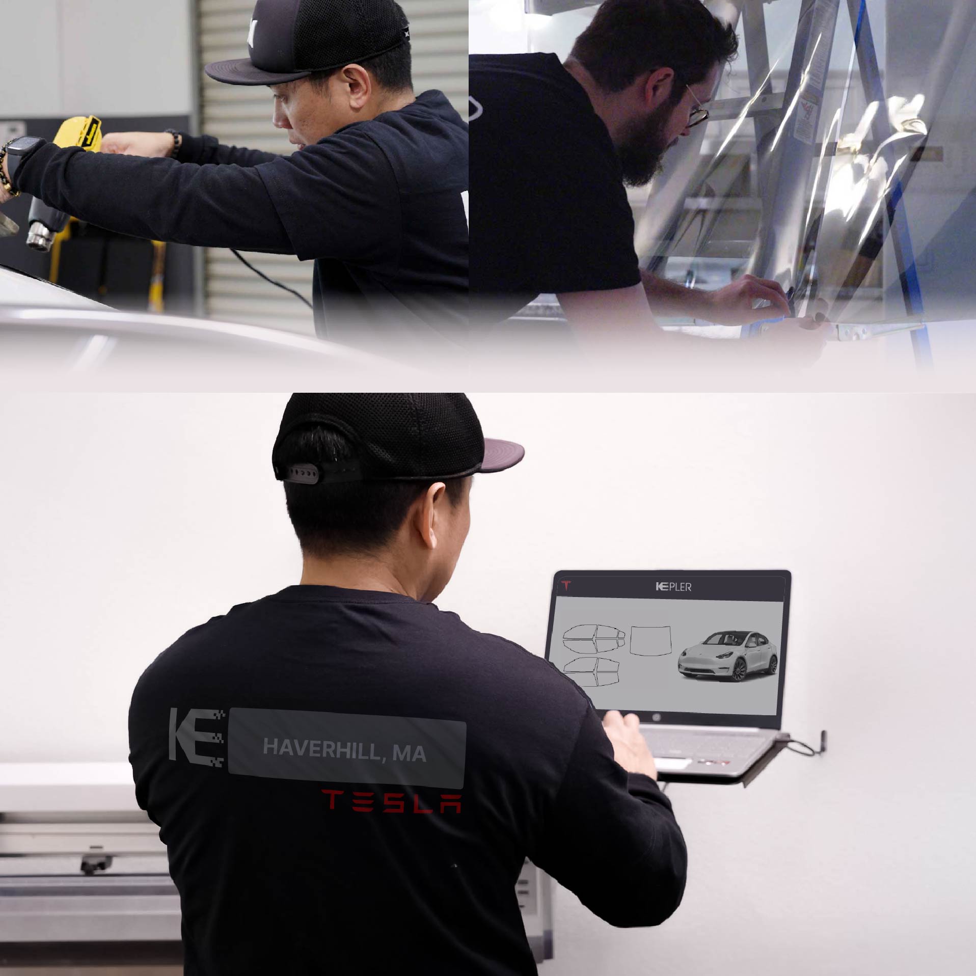 Expert Technician Fitting Advanced Window Tint to Tesla in Haverhill