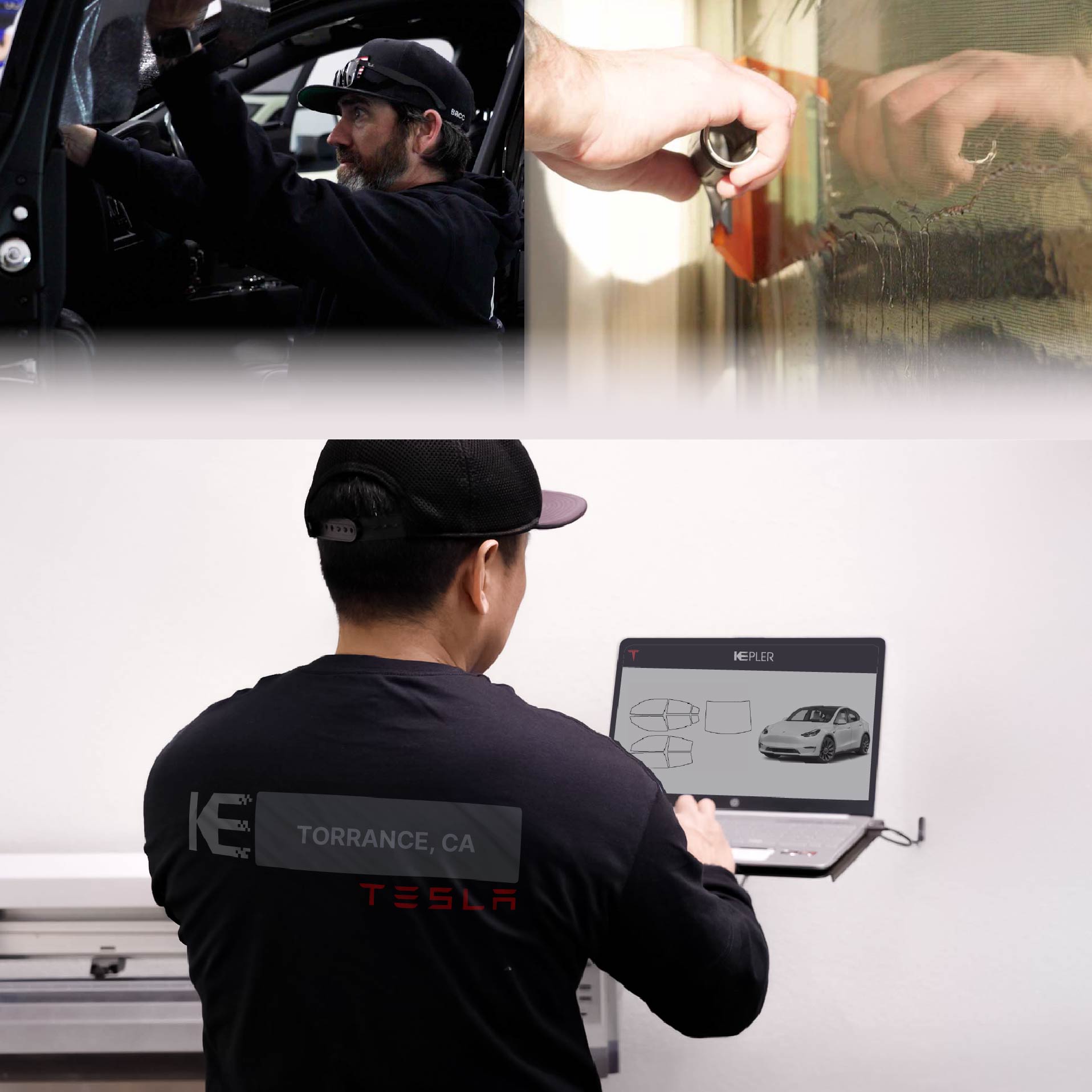 Kepler Technician Installing Ceramic Window Tint to Tesla in Torrance
