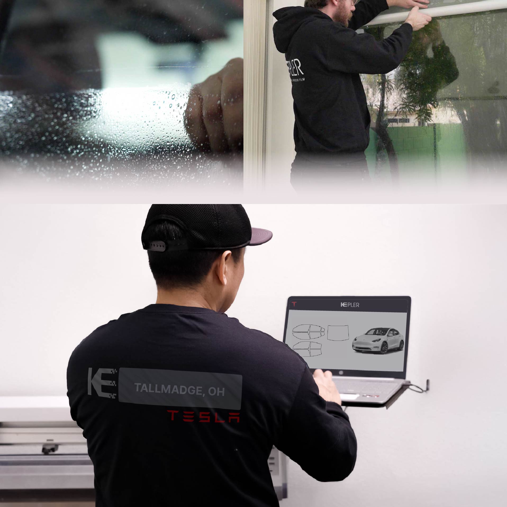 Kepler Technician Applying High-tech Window Tint to Tesla in Tallmadge